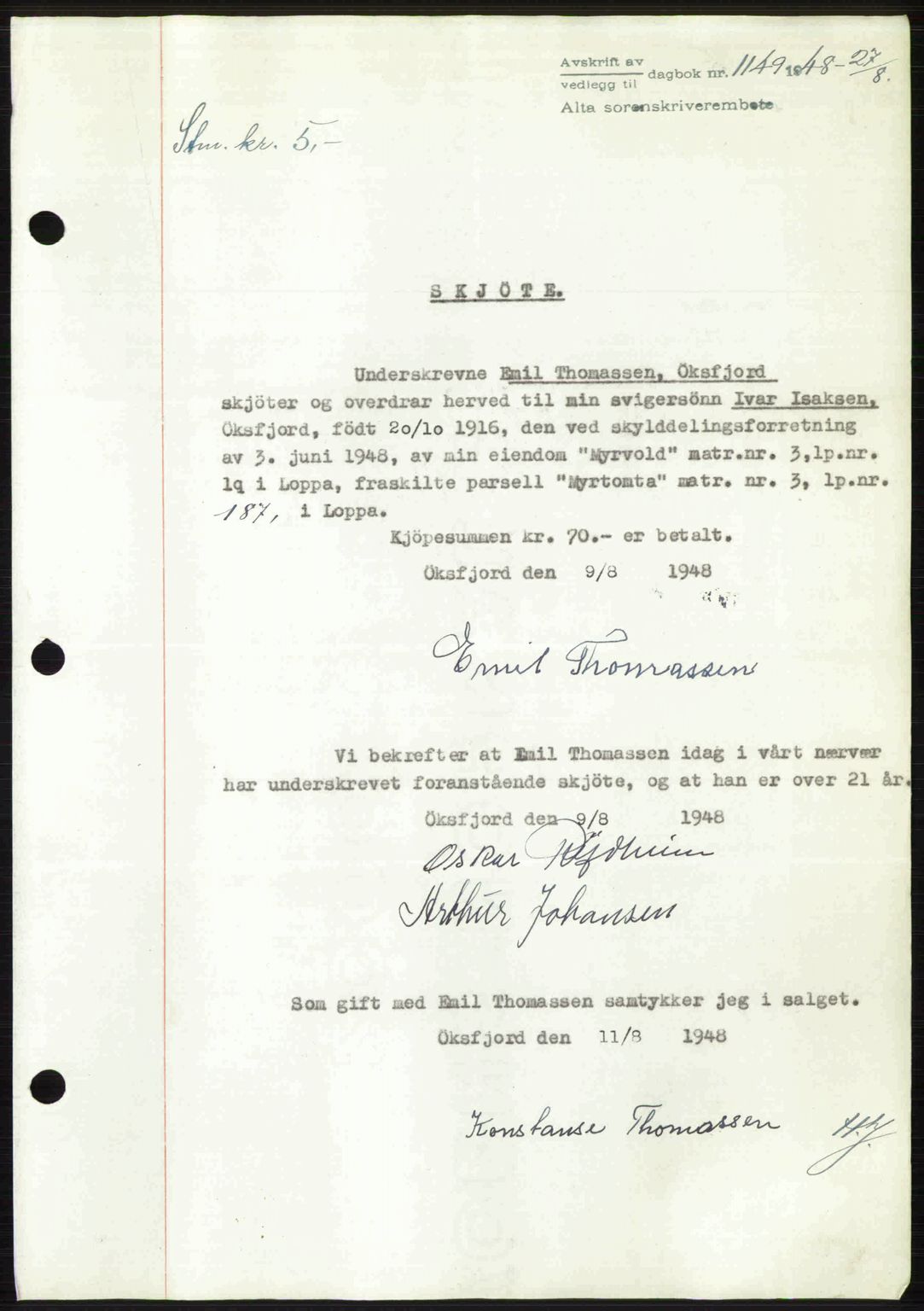 Alta fogderi/sorenskriveri, SATØ/SATØ-5/1/K/Kd/L0037pantebok: Pantebok nr. 39-40, 1948-1949, Dagboknr: 1149/1948