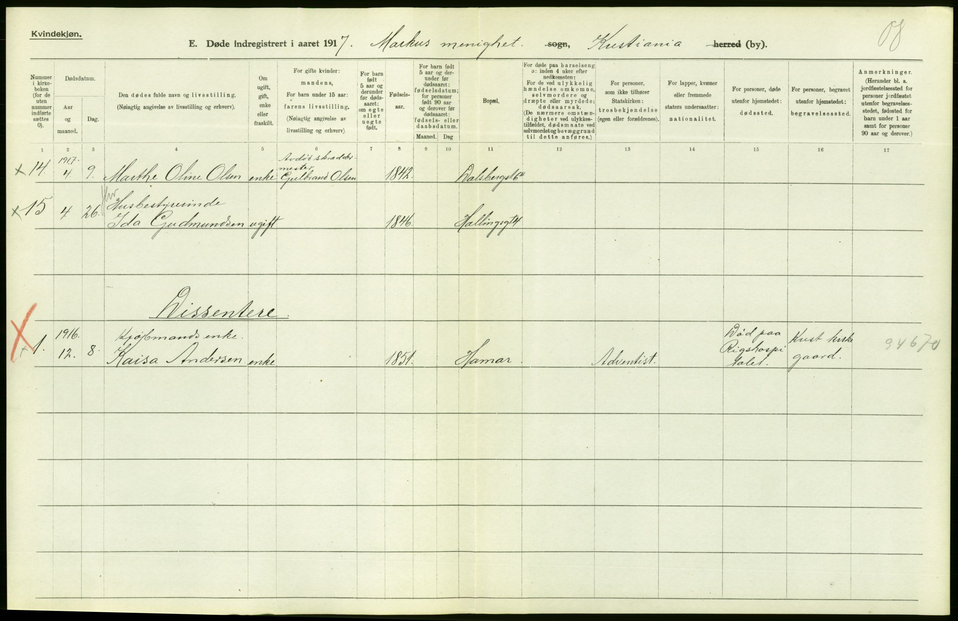 Statistisk sentralbyrå, Sosiodemografiske emner, Befolkning, AV/RA-S-2228/D/Df/Dfb/Dfbg/L0010: Kristiania: Døde, 1917, s. 8