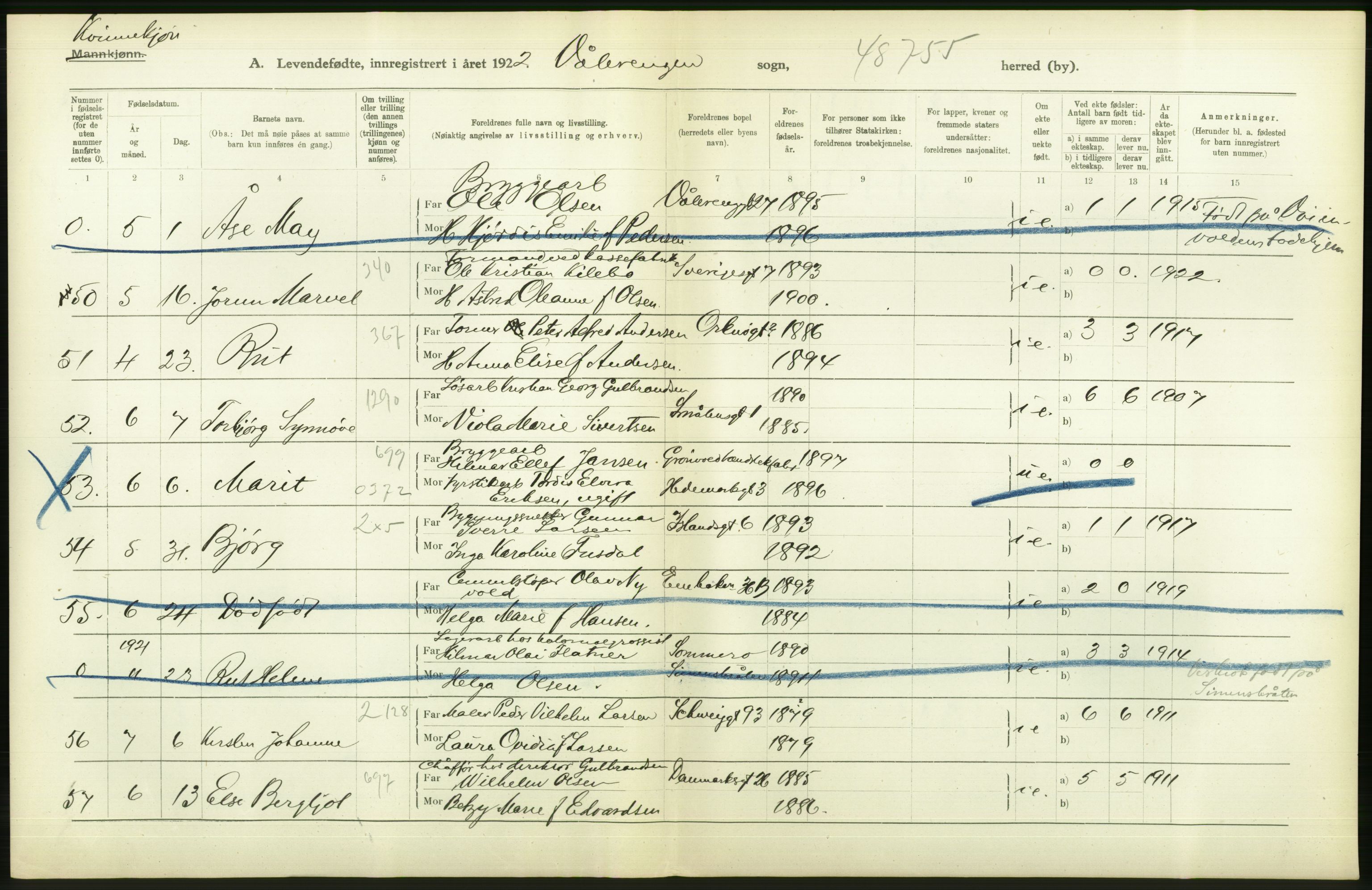 Statistisk sentralbyrå, Sosiodemografiske emner, Befolkning, AV/RA-S-2228/D/Df/Dfc/Dfcb/L0007: Kristiania: Levendefødte menn og kvinner., 1922, s. 552