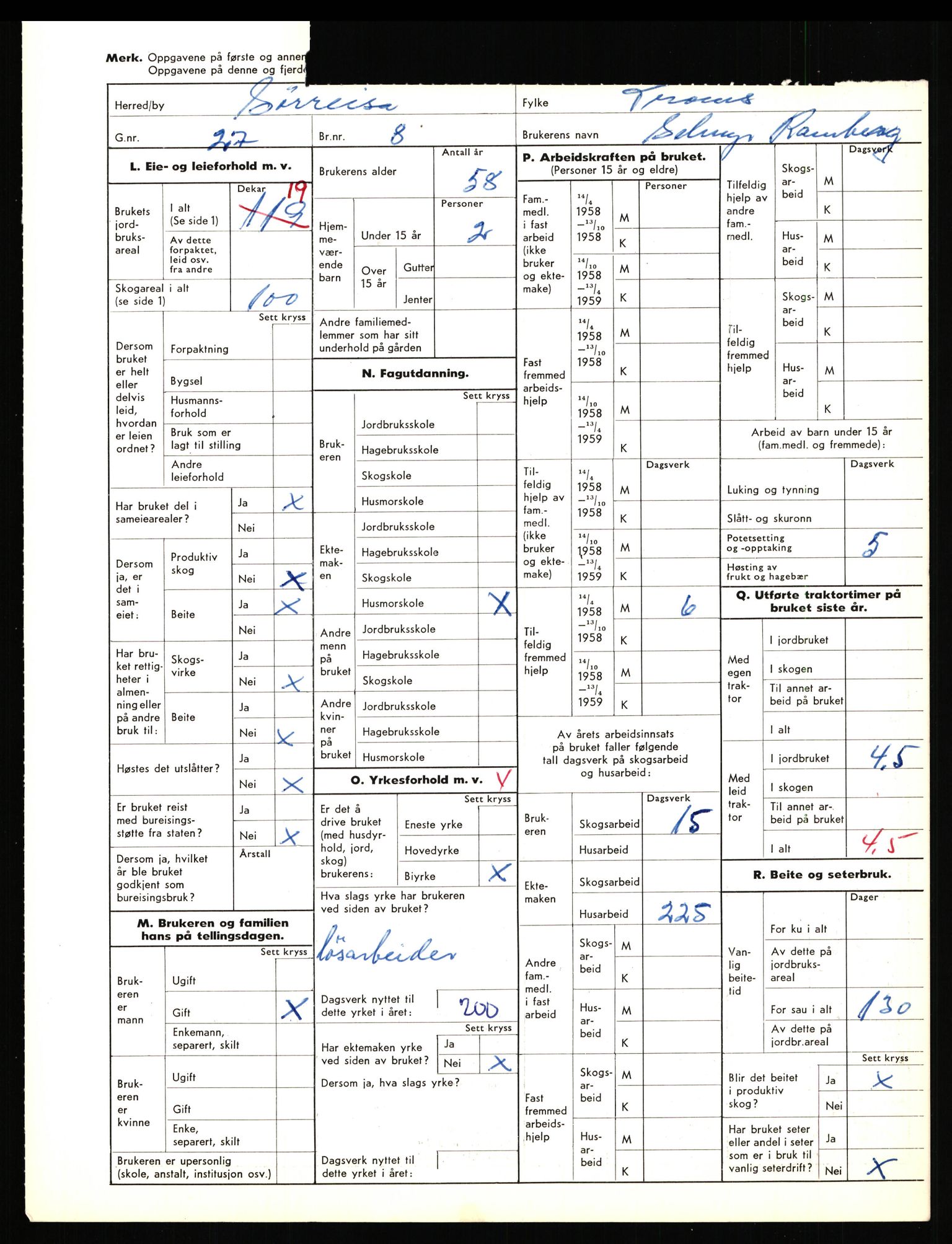 Statistisk sentralbyrå, Næringsøkonomiske emner, Jordbruk, skogbruk, jakt, fiske og fangst, AV/RA-S-2234/G/Gd/L0656: Troms: 1924 Målselv (kl. 0-3) og 1925 Sørreisa, 1959, s. 1476