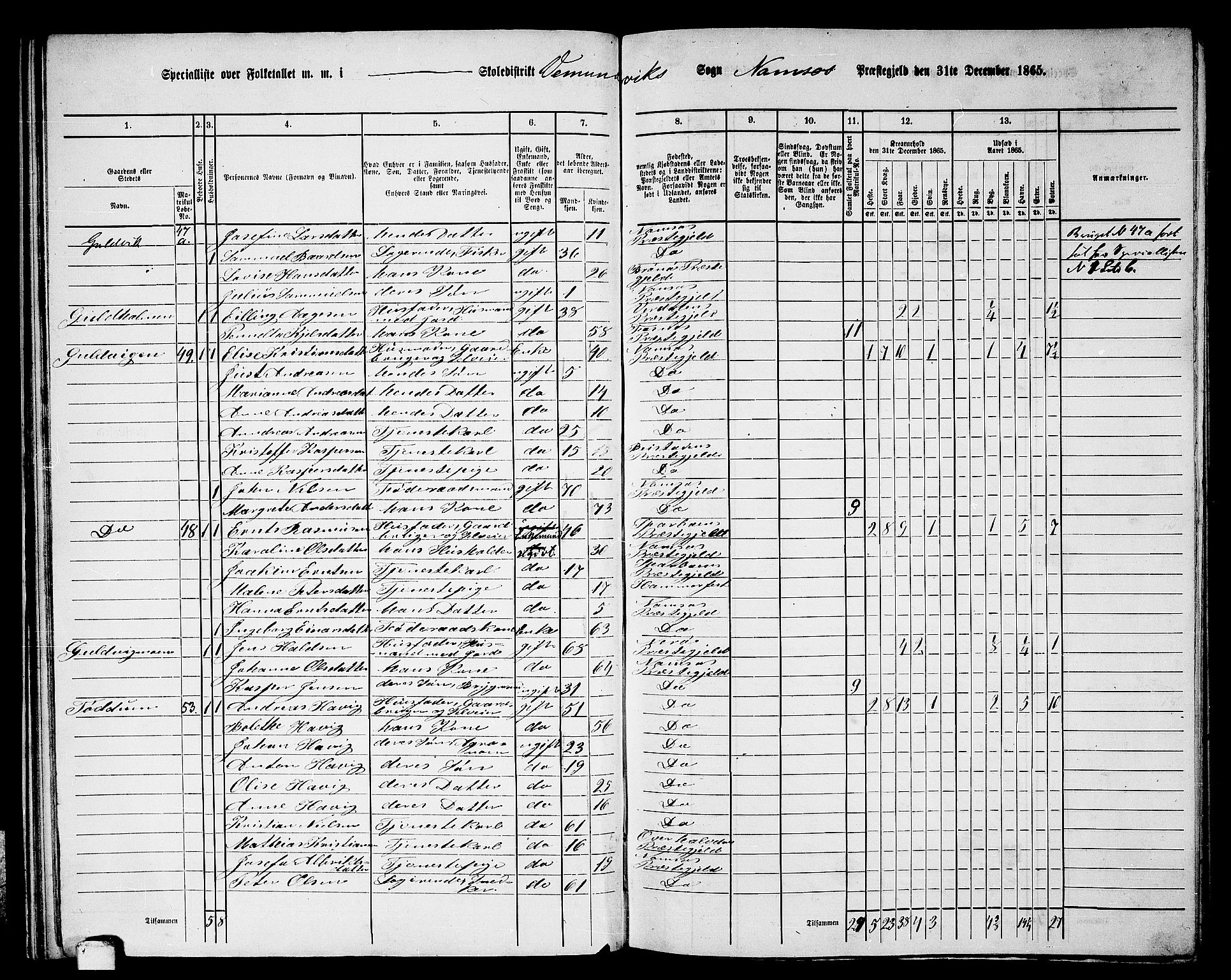 RA, Folketelling 1865 for 1745L Namsos prestegjeld, Vemundvik sokn og Sævik sokn, 1865, s. 36