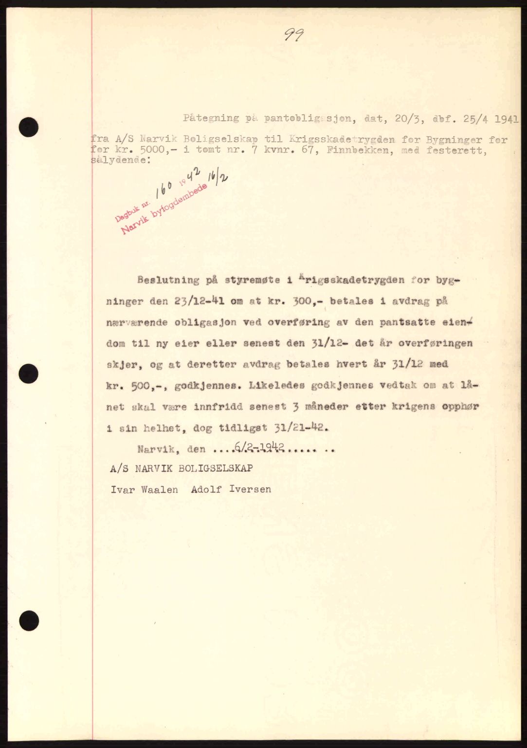 Narvik sorenskriveri, SAT/A-0002/1/2/2C/2Ca: Pantebok nr. A19, 1942-1943, Dagboknr: 160/1942