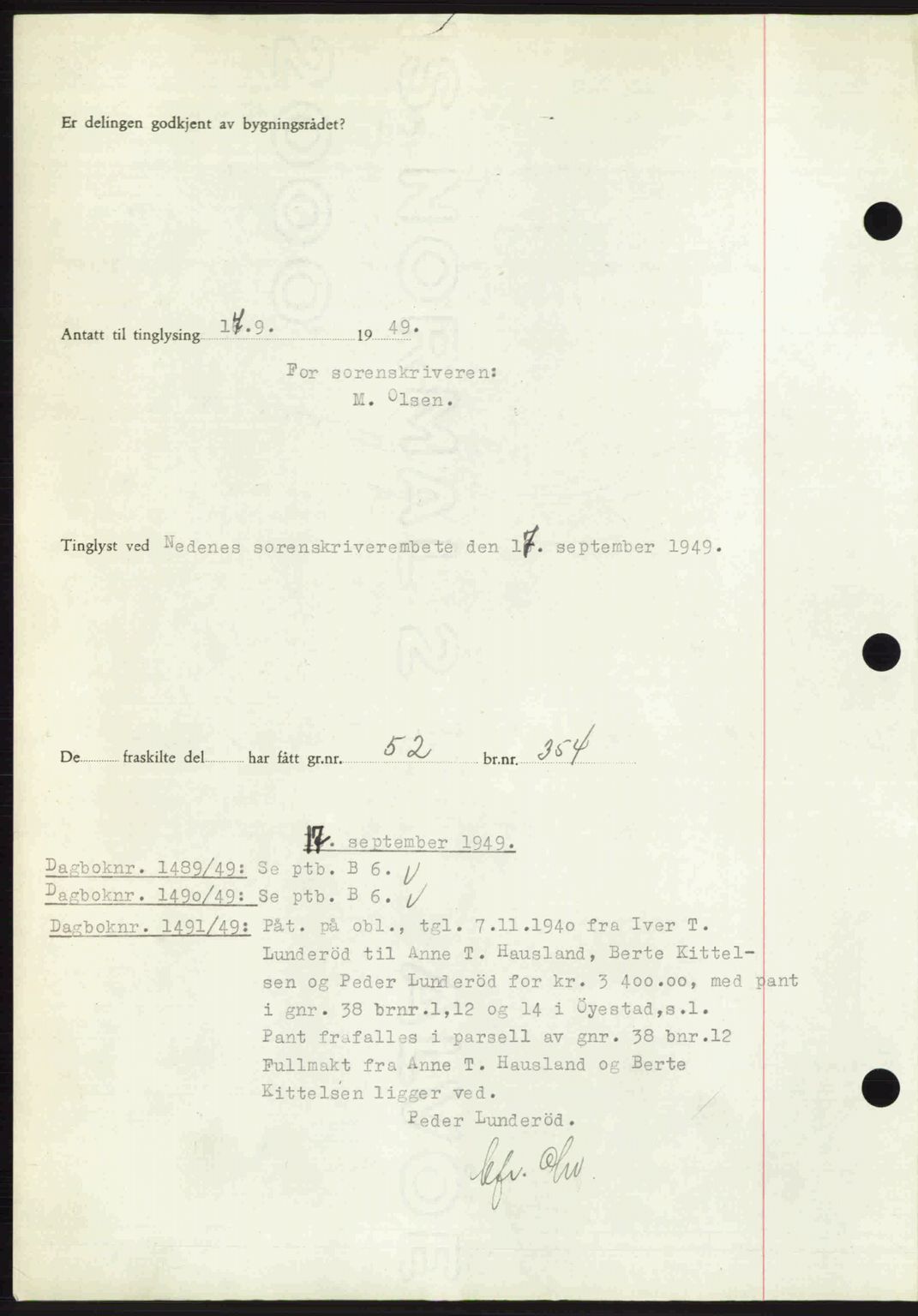 Nedenes sorenskriveri, AV/SAK-1221-0006/G/Gb/Gba/L0061: Pantebok nr. A13, 1949-1949, Dagboknr: 1488/1949