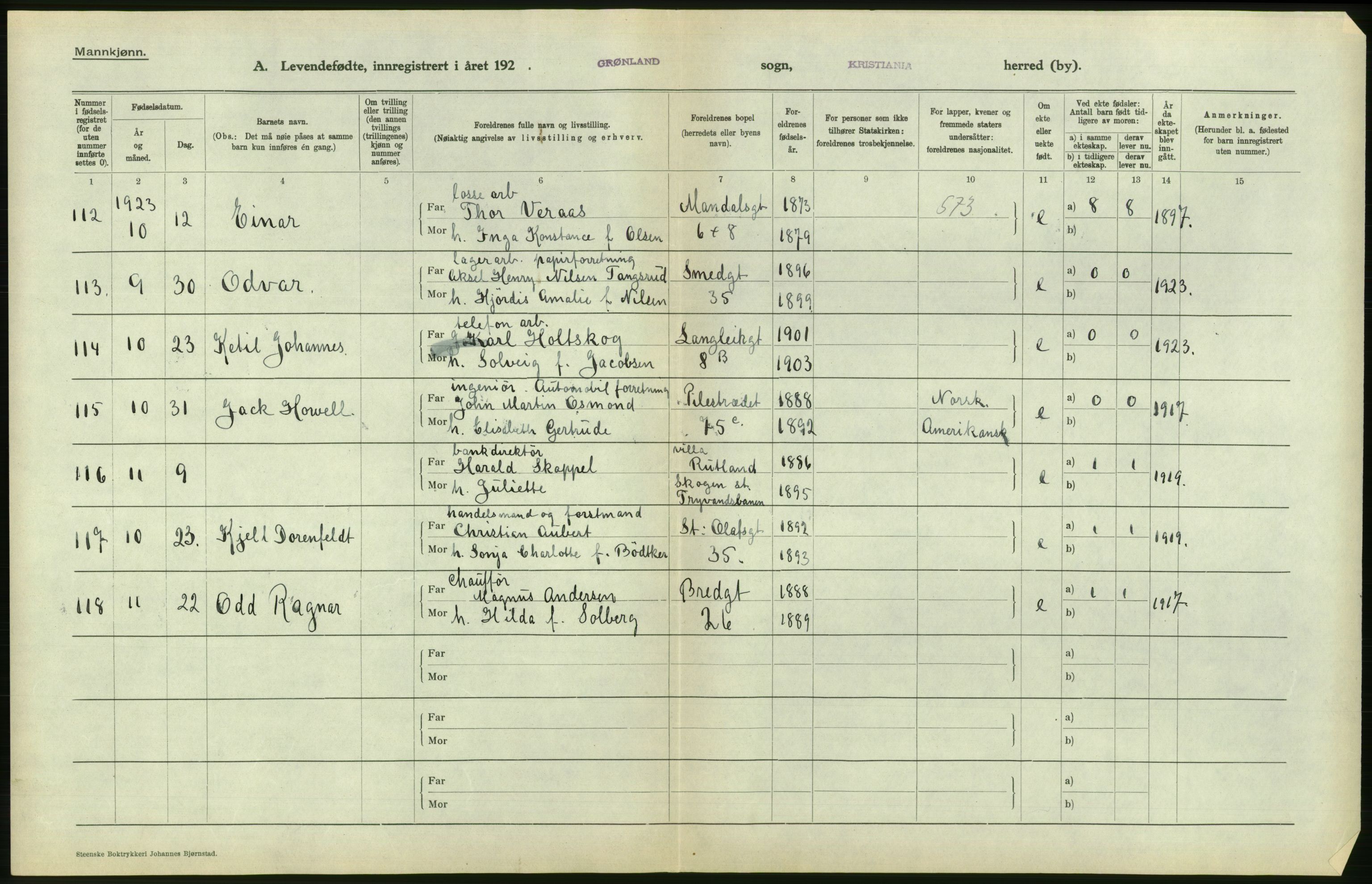 Statistisk sentralbyrå, Sosiodemografiske emner, Befolkning, RA/S-2228/D/Df/Dfc/Dfcc/L0006: Kristiania: Levendefødte menn og kvinner., 1923, s. 212