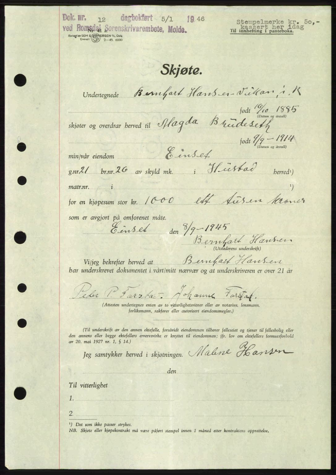 Romsdal sorenskriveri, SAT/A-4149/1/2/2C: Pantebok nr. A19, 1946-1946, Dagboknr: 12/1946