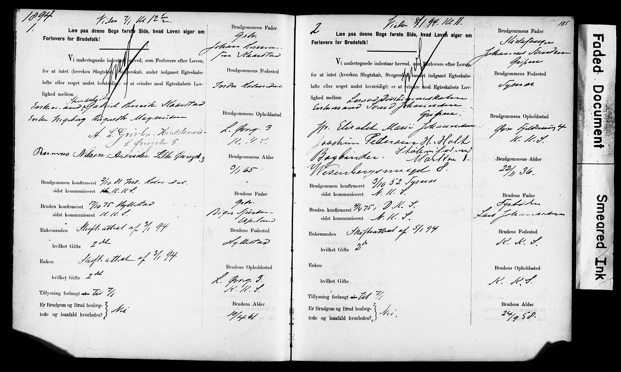 Korskirken sokneprestembete, SAB/A-76101: Forlovererklæringer nr. II.5.6, 1889-1898, s. 185