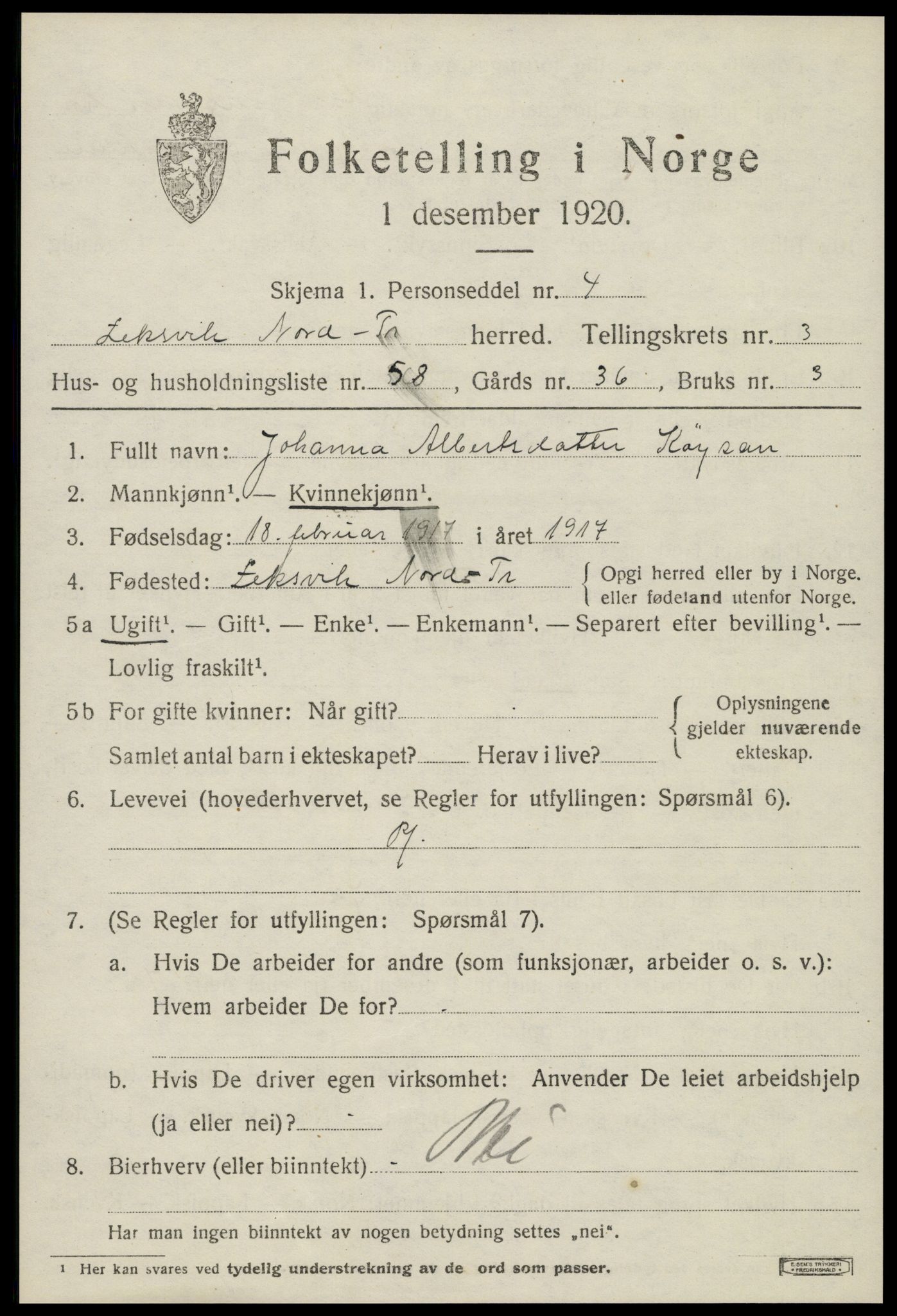 SAT, Folketelling 1920 for 1718 Leksvik herred, 1920, s. 3474