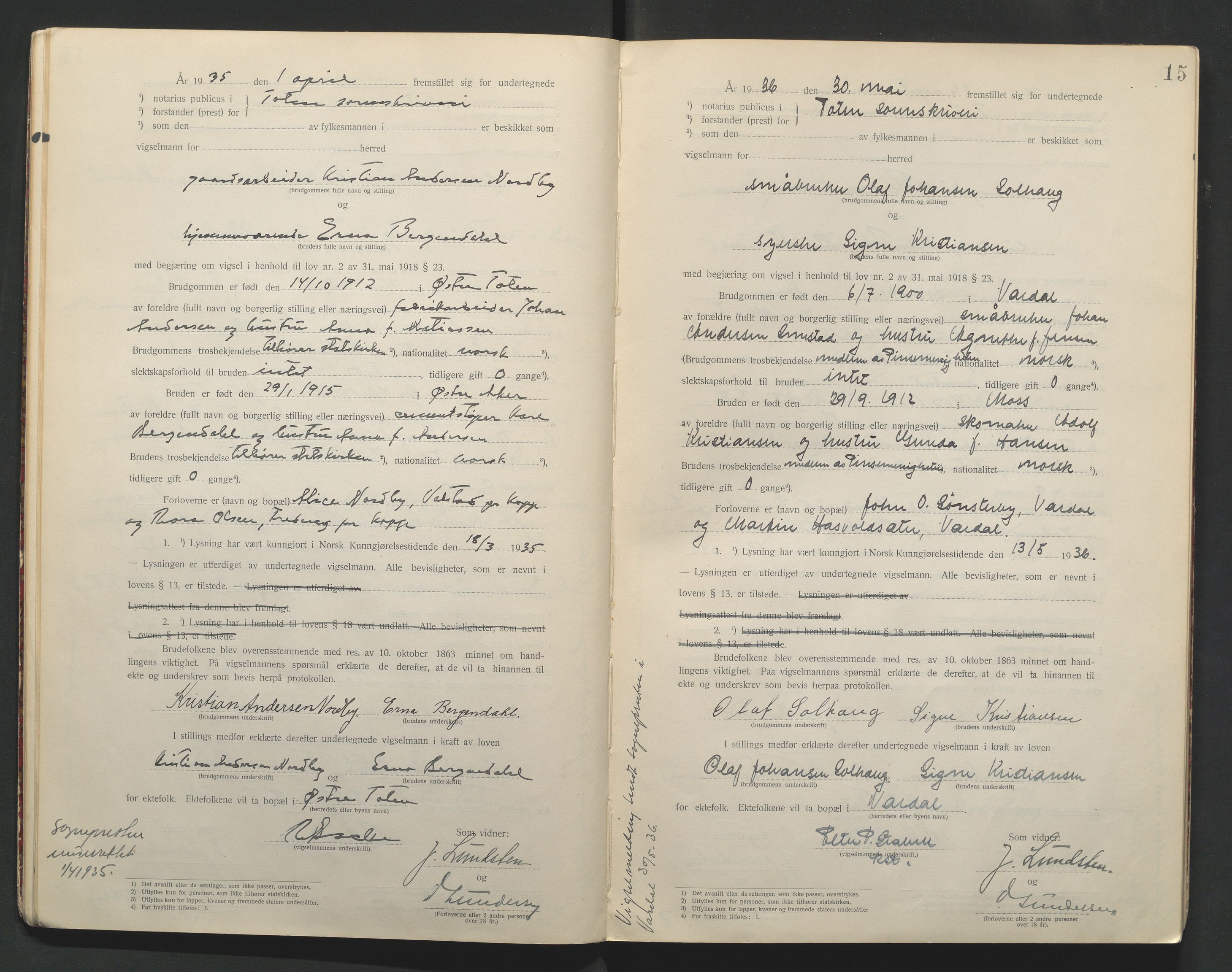 Toten tingrett, AV/SAH-TING-006/L/Lc/L0001: Vigselbok, 1920-1942, s. 15