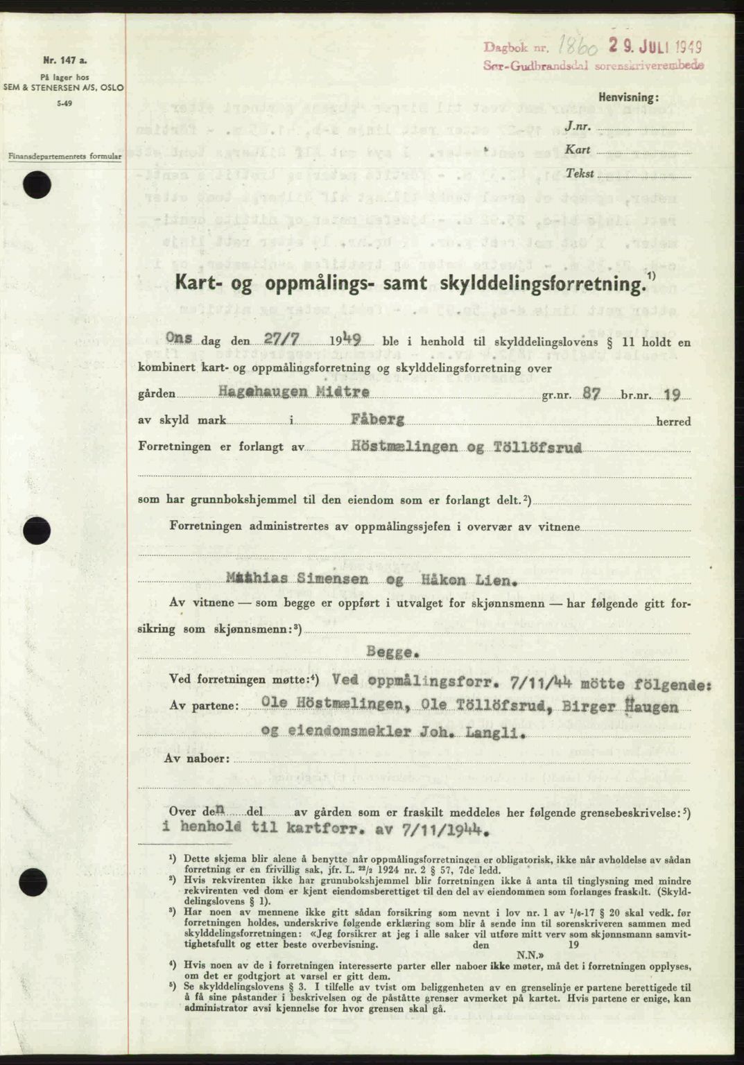 Sør-Gudbrandsdal tingrett, SAH/TING-004/H/Hb/Hbd/L0025: Pantebok nr. A25, 1949-1949, Dagboknr: 1860/1949
