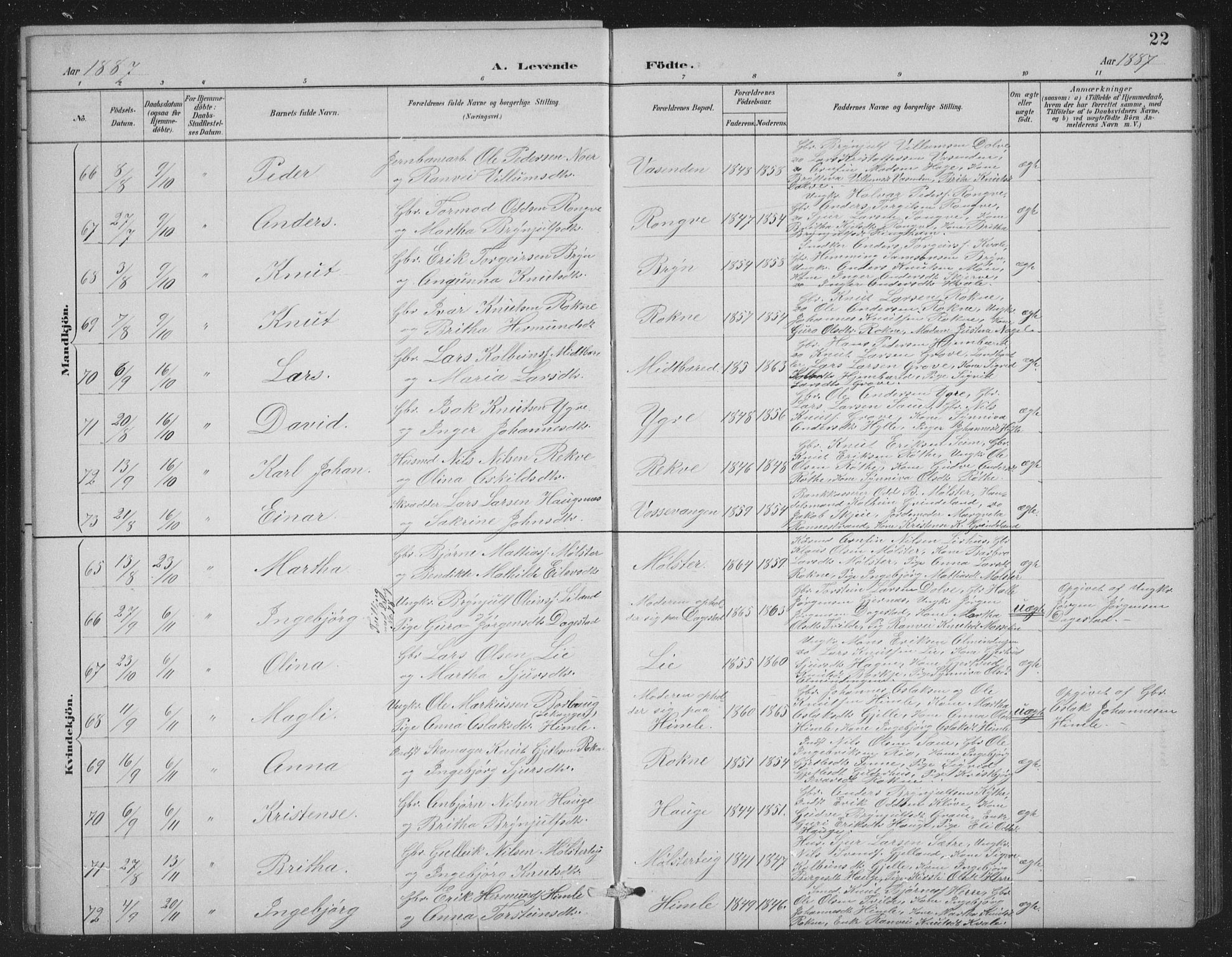 Voss sokneprestembete, AV/SAB-A-79001/H/Hab: Klokkerbok nr. C 1, 1886-1899, s. 22