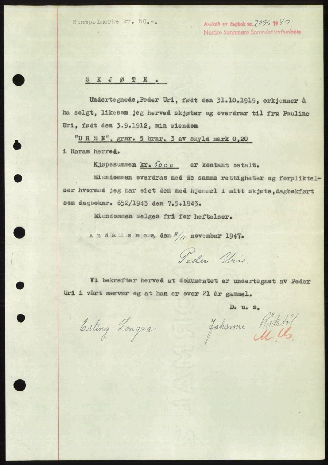 Nordre Sunnmøre sorenskriveri, AV/SAT-A-0006/1/2/2C/2Ca: Pantebok nr. A26, 1947-1948, Dagboknr: 2096/1947