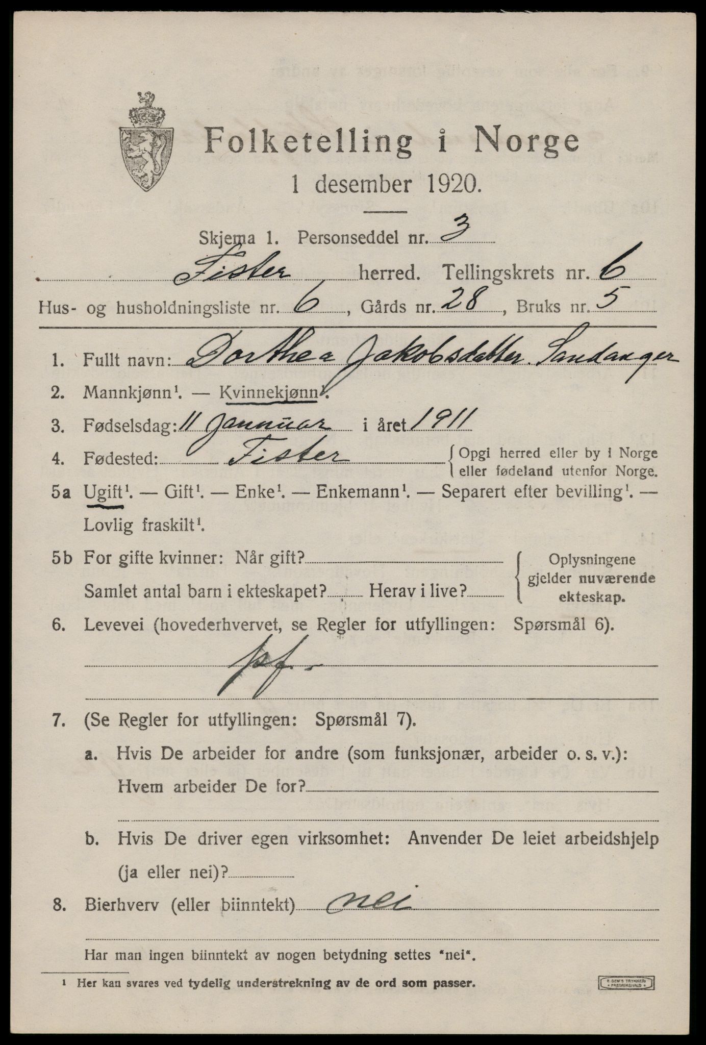 SAST, Folketelling 1920 for 1132 Fister herred, 1920, s. 1843