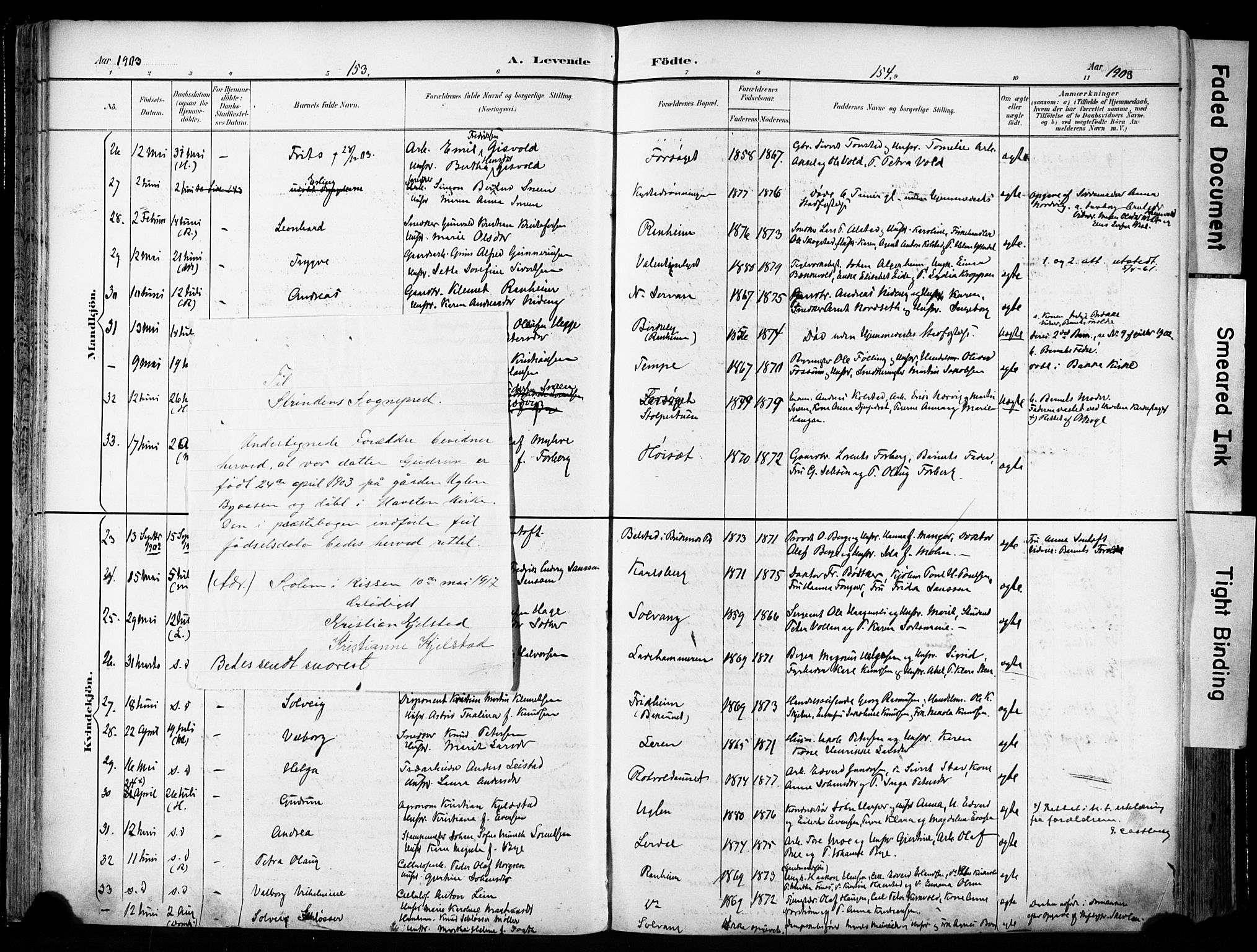 Ministerialprotokoller, klokkerbøker og fødselsregistre - Sør-Trøndelag, AV/SAT-A-1456/606/L0301: Ministerialbok nr. 606A16, 1894-1907, s. 153-154