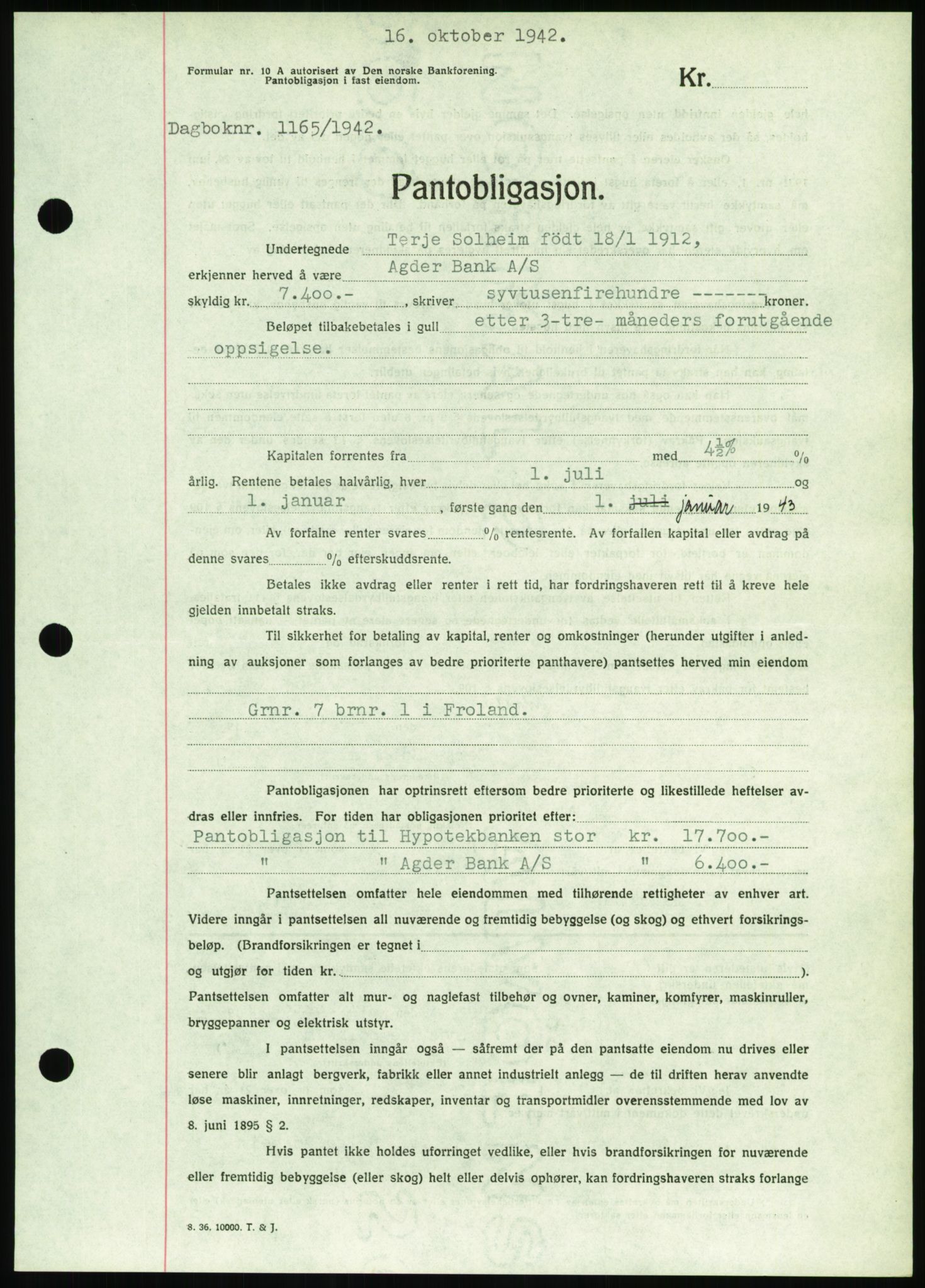 Nedenes sorenskriveri, SAK/1221-0006/G/Gb/Gbb/L0002: Pantebok nr. II, 1942-1945, Dagboknr: 1165/1942
