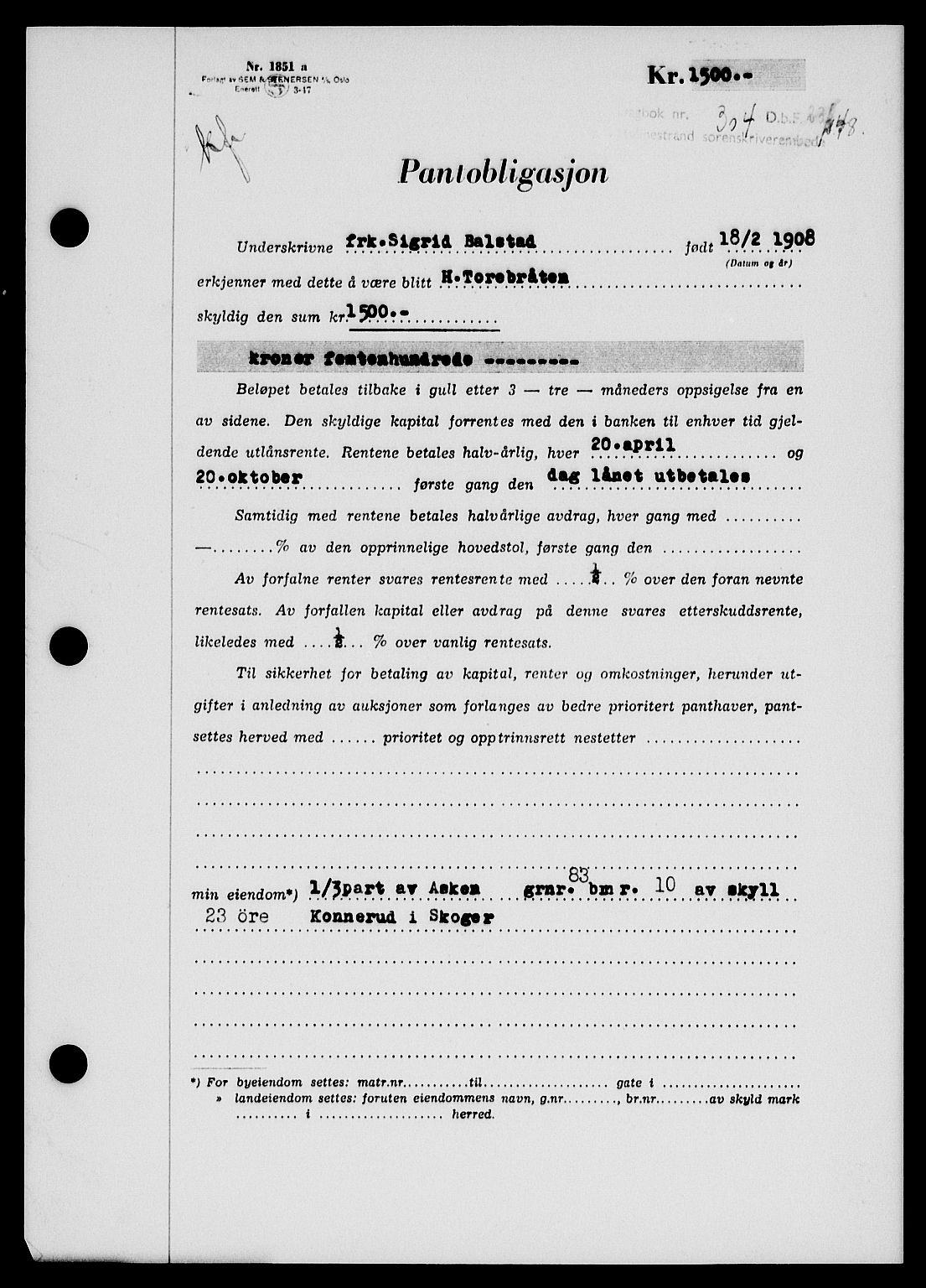 Holmestrand sorenskriveri, SAKO/A-67/G/Ga/Gab/L0058: Pantebok nr. B-58, 1947-1948, Dagboknr: 304/1948