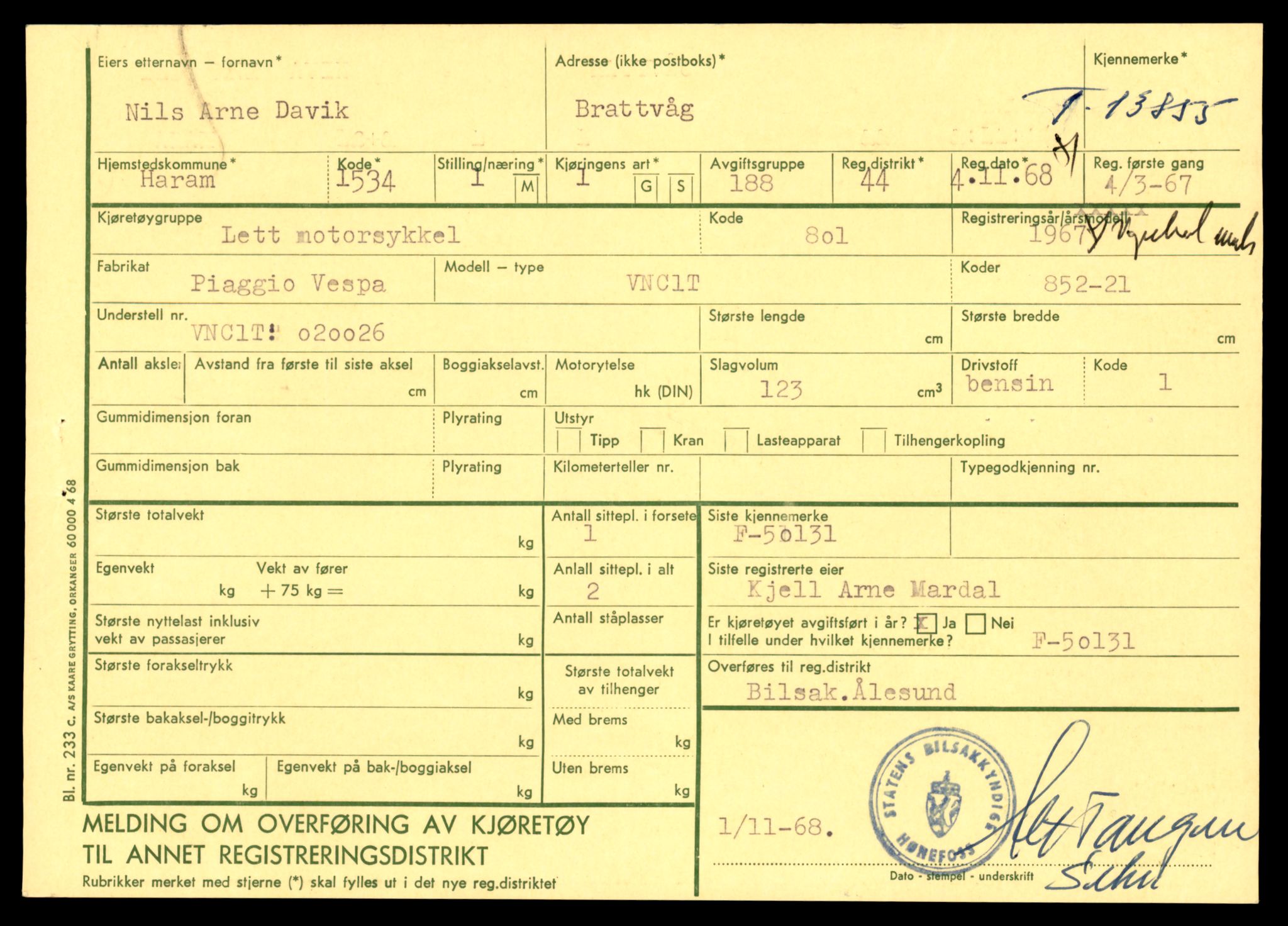 Møre og Romsdal vegkontor - Ålesund trafikkstasjon, AV/SAT-A-4099/F/Fe/L0041: Registreringskort for kjøretøy T 13710 - T 13905, 1927-1998, s. 2631