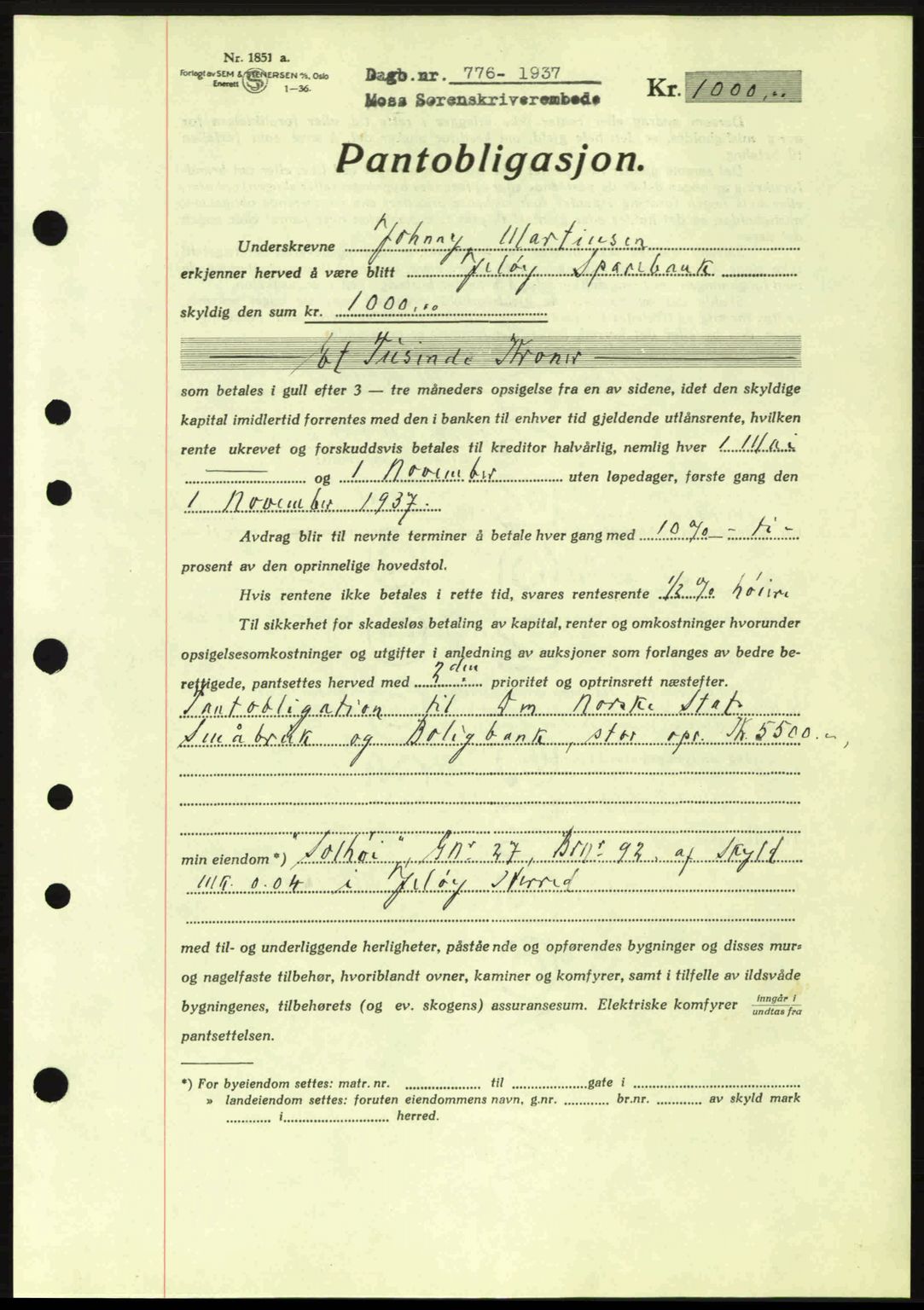 Moss sorenskriveri, SAO/A-10168: Pantebok nr. B3, 1937-1937, Dagboknr: 776/1937