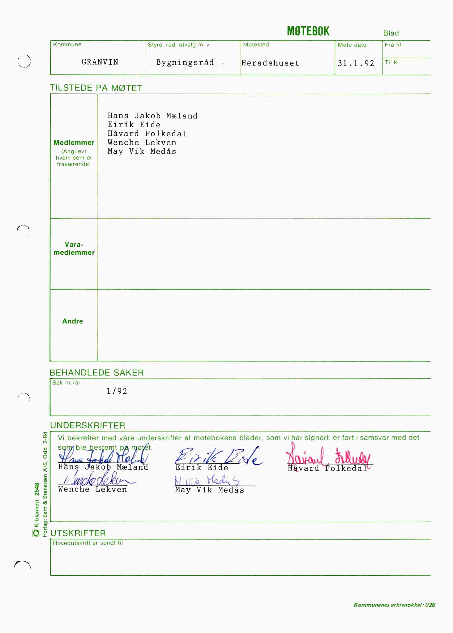 Granvin herad. Bygningsrådet, IKAH/1234-511/A/Aa/Aab/L0010: Møtebok for Granvin bygningsråd, 1992
