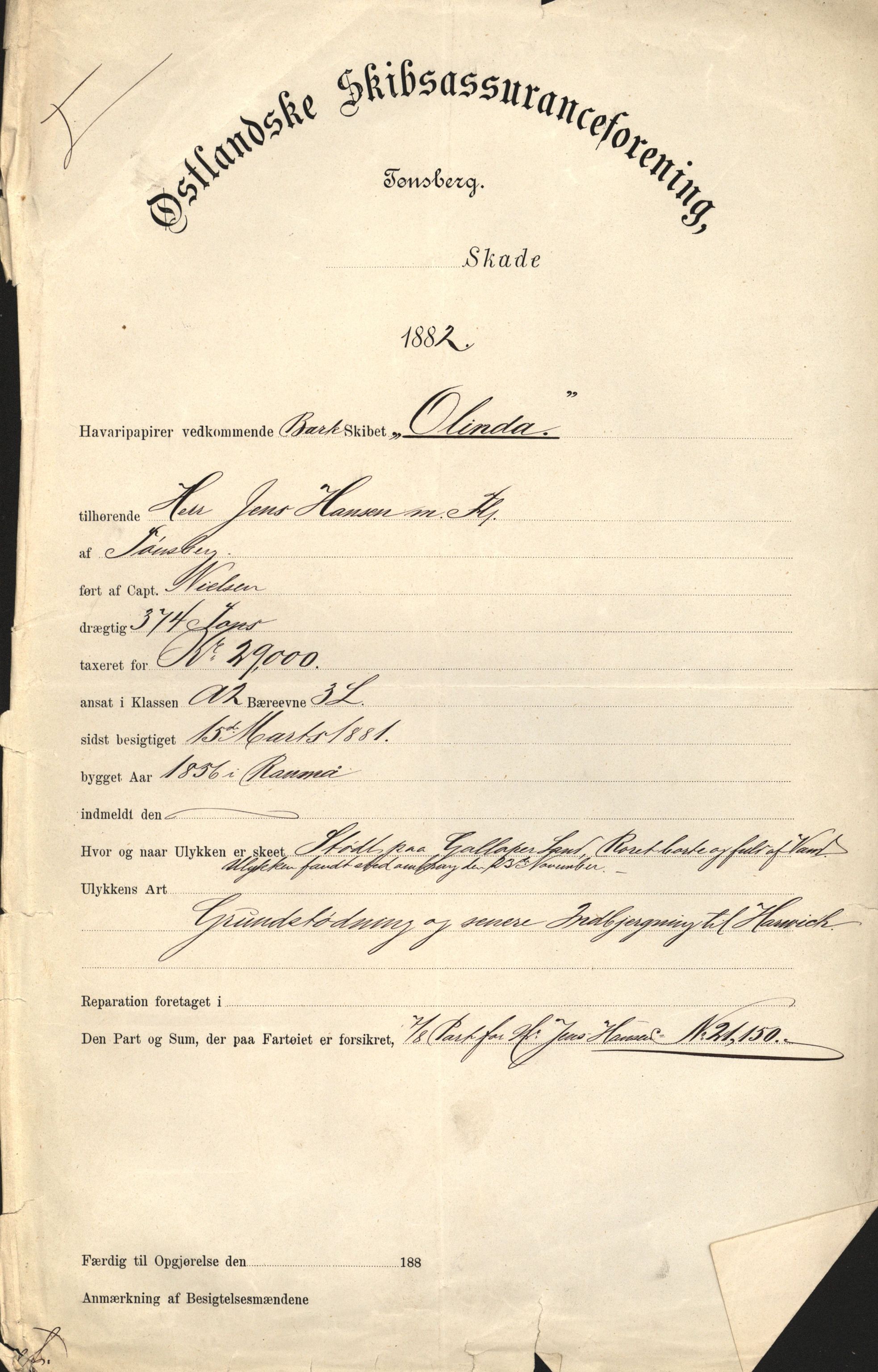 Pa 63 - Østlandske skibsassuranceforening, VEMU/A-1079/G/Ga/L0014/0009: Havaridokumenter / Peter, Olinda, Prinds Chr. August, Poseidon, 1882, s. 2