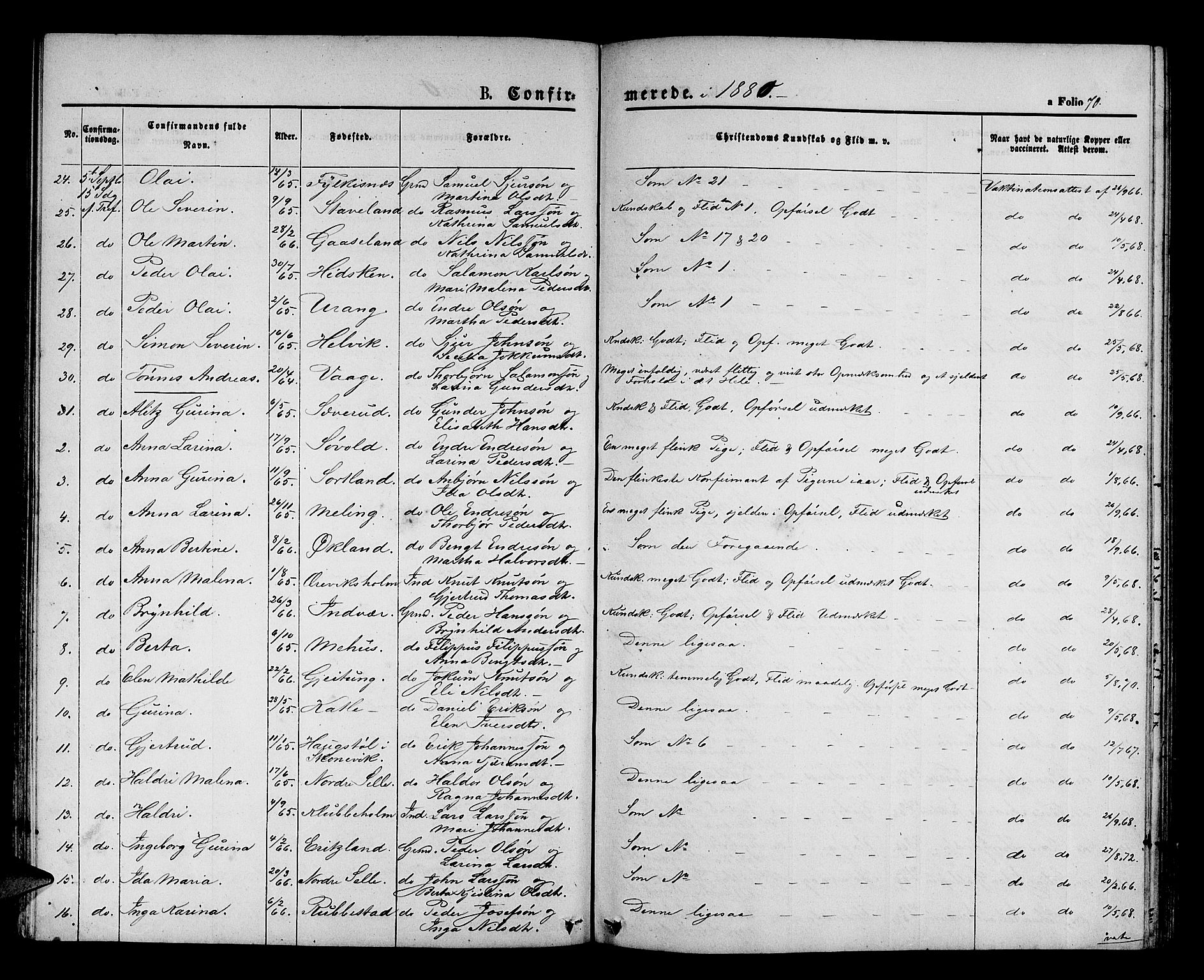 Finnås sokneprestembete, AV/SAB-A-99925/H/Ha/Hab/Habb/L0002: Klokkerbok nr. B 2, 1871-1881, s. 70