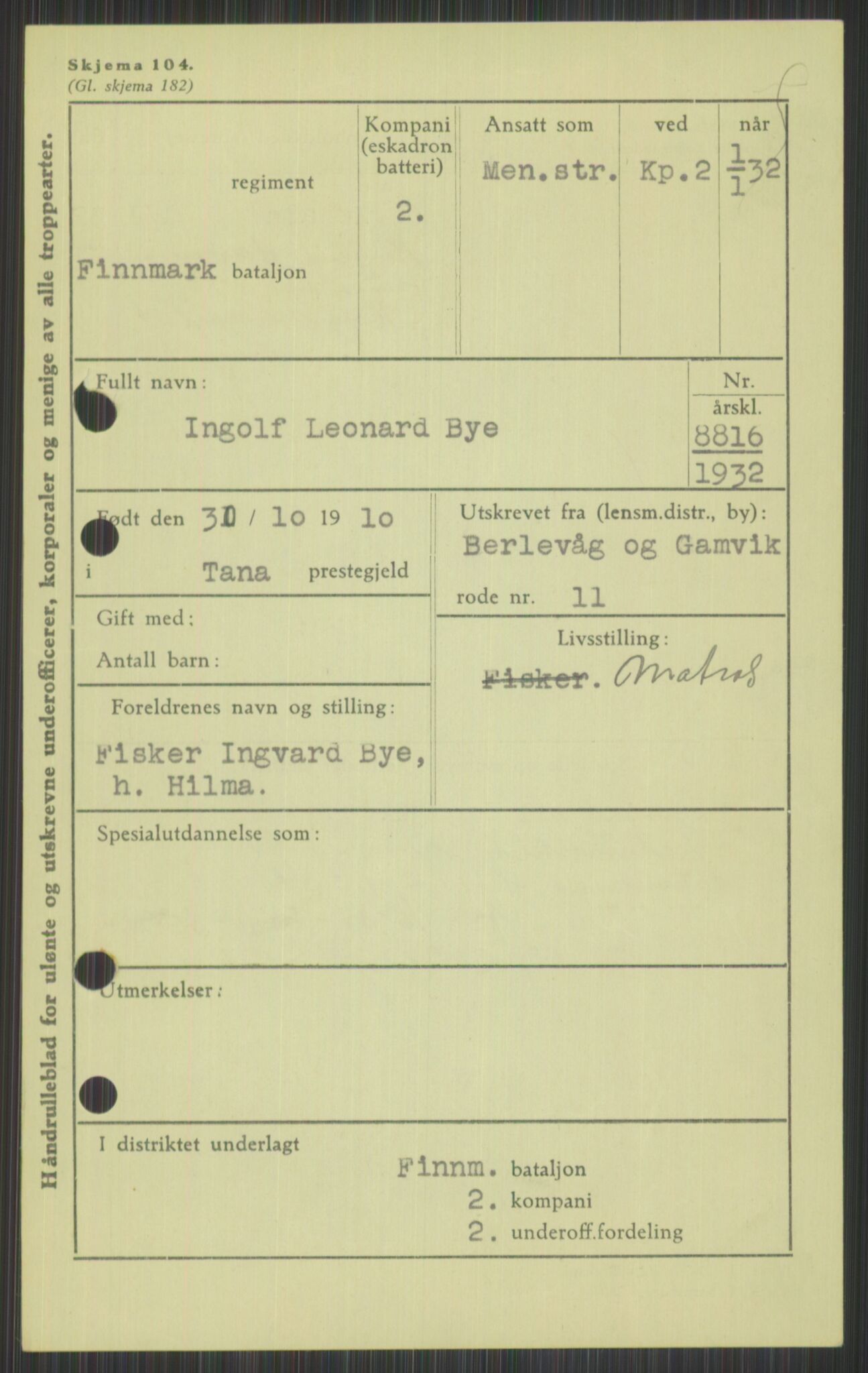 Forsvaret, Varanger bataljon, AV/RA-RAFA-2258/1/D/L0440: Rulleblad for fødte 1892-1912, 1892-1912, s. 1045