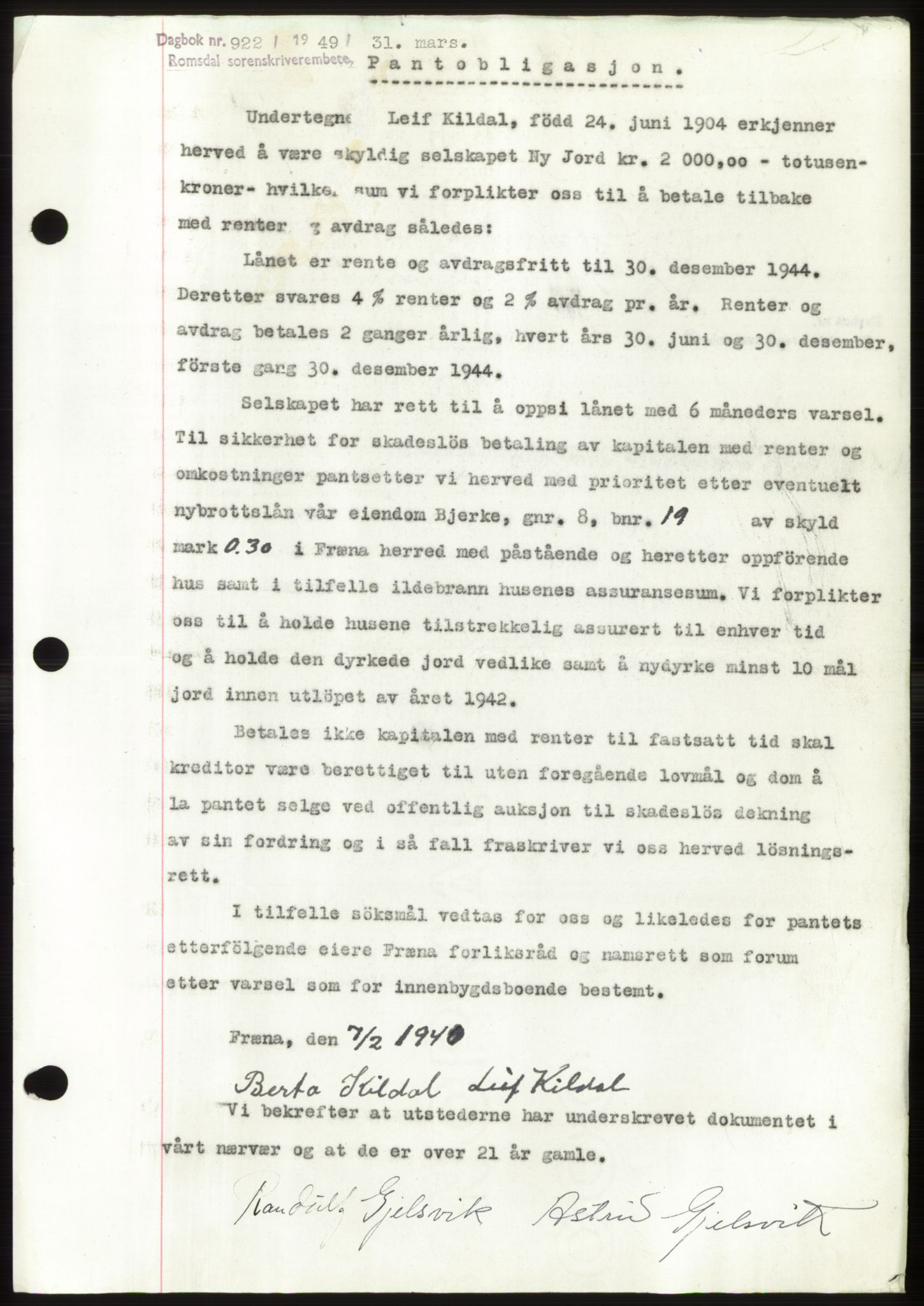 Romsdal sorenskriveri, SAT/A-4149/1/2/2C: Pantebok nr. B4, 1948-1949, Dagboknr: 928/1949