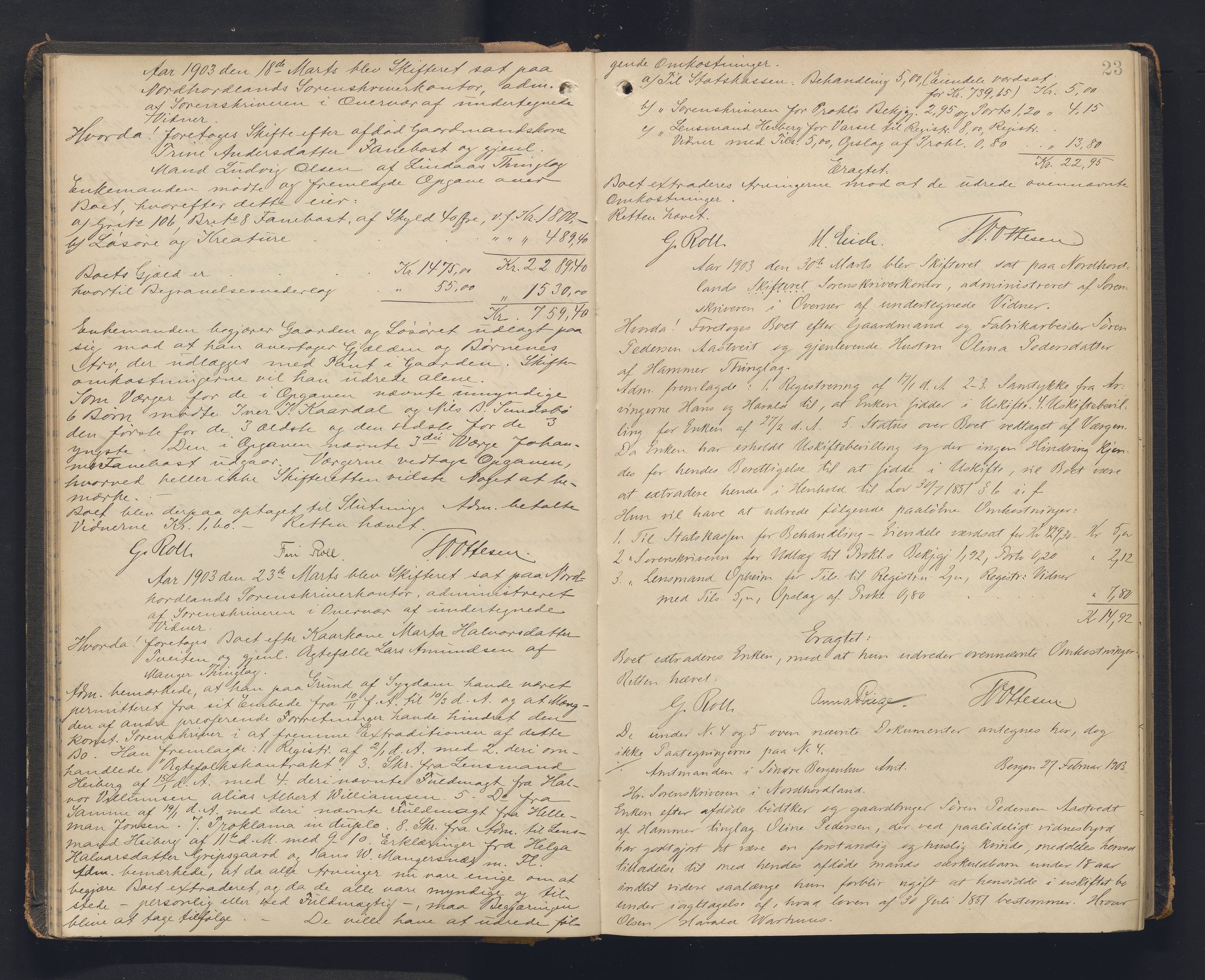 Nordhordland sorenskrivar, AV/SAB-A-2901/1/H/Hc/L0005: Skifteforhandlingsprotokollar, 1902-1911, s. 23