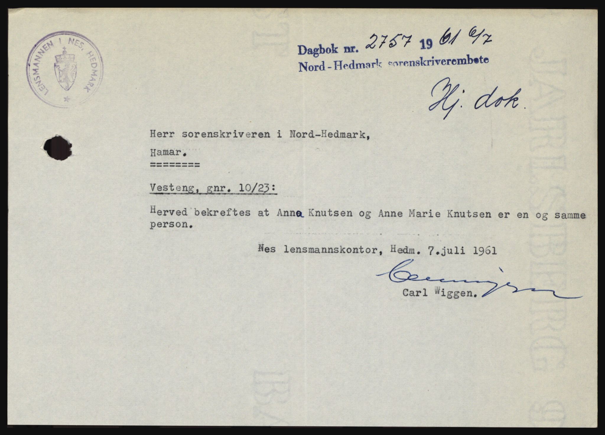 Nord-Hedmark sorenskriveri, SAH/TING-012/H/Hc/L0015: Pantebok nr. 15, 1961-1961, Dagboknr: 2757/1961