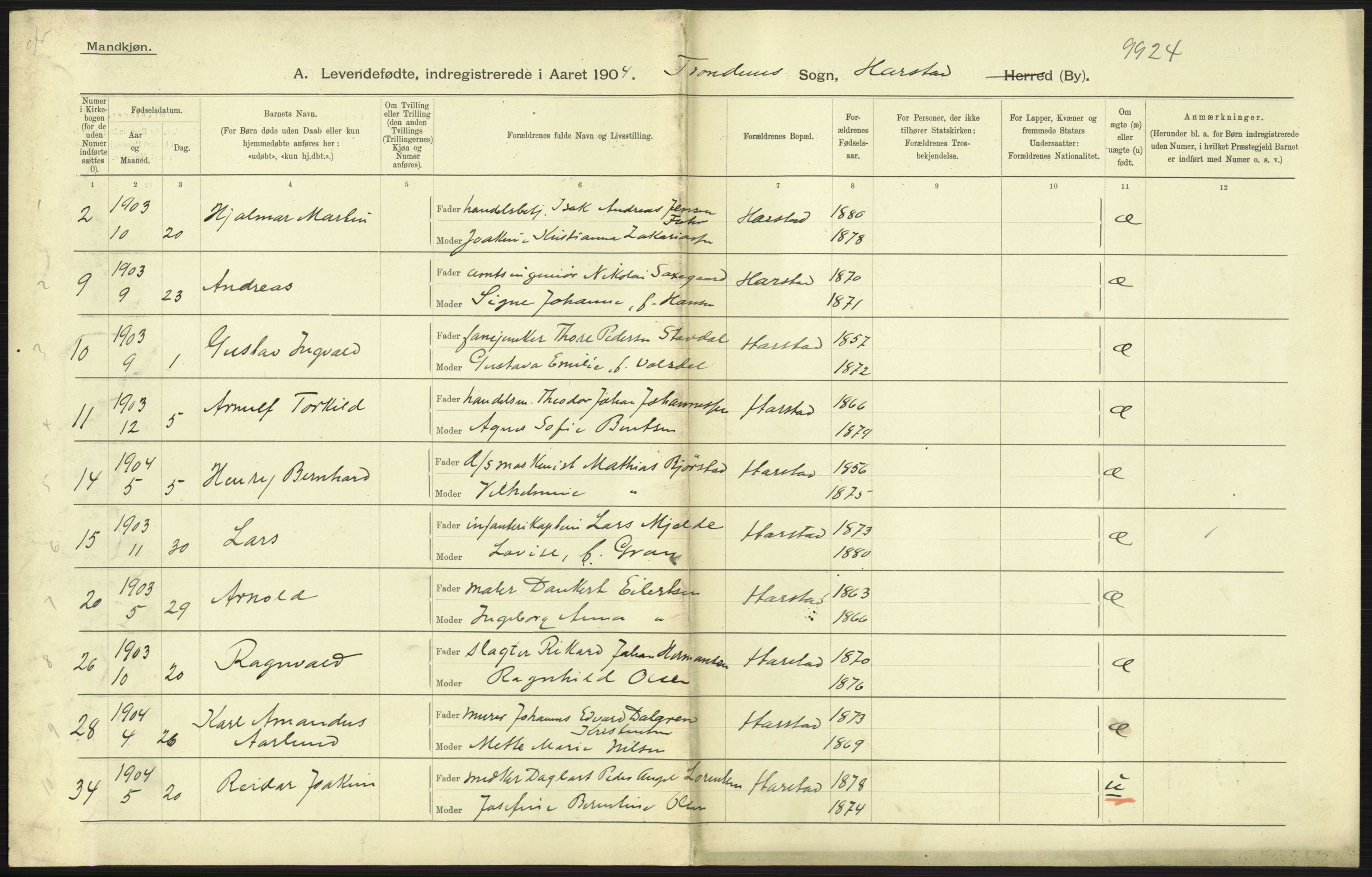 Statistisk sentralbyrå, Sosiodemografiske emner, Befolkning, AV/RA-S-2228/D/Df/Dfa/Dfab/L0022: Tromsø amt: Fødte, gifte, døde, 1904, s. 289