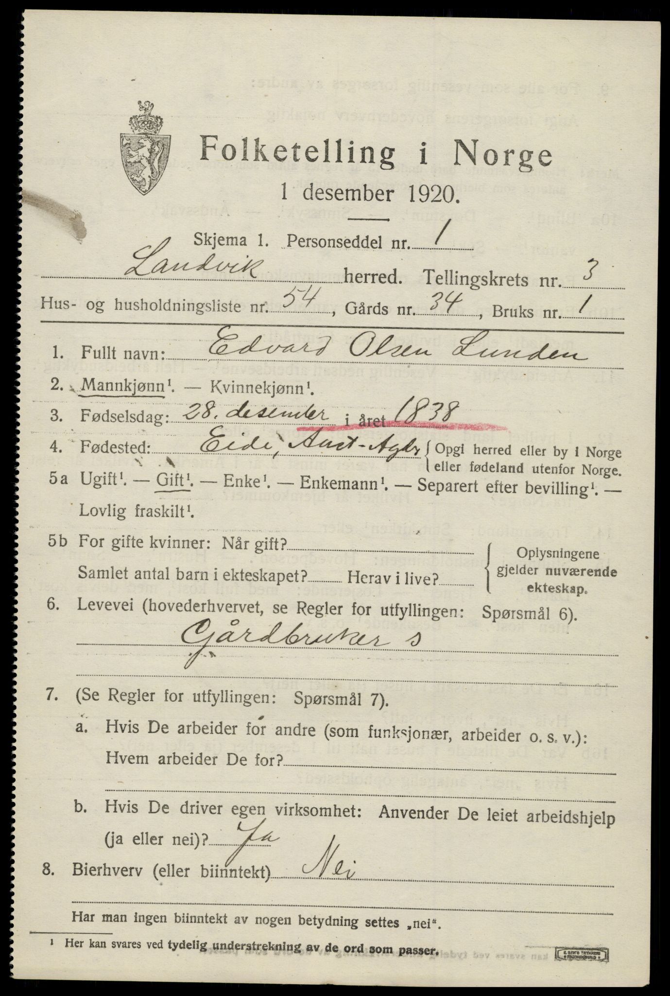 SAK, Folketelling 1920 for 0924 Landvik herred, 1920, s. 3408