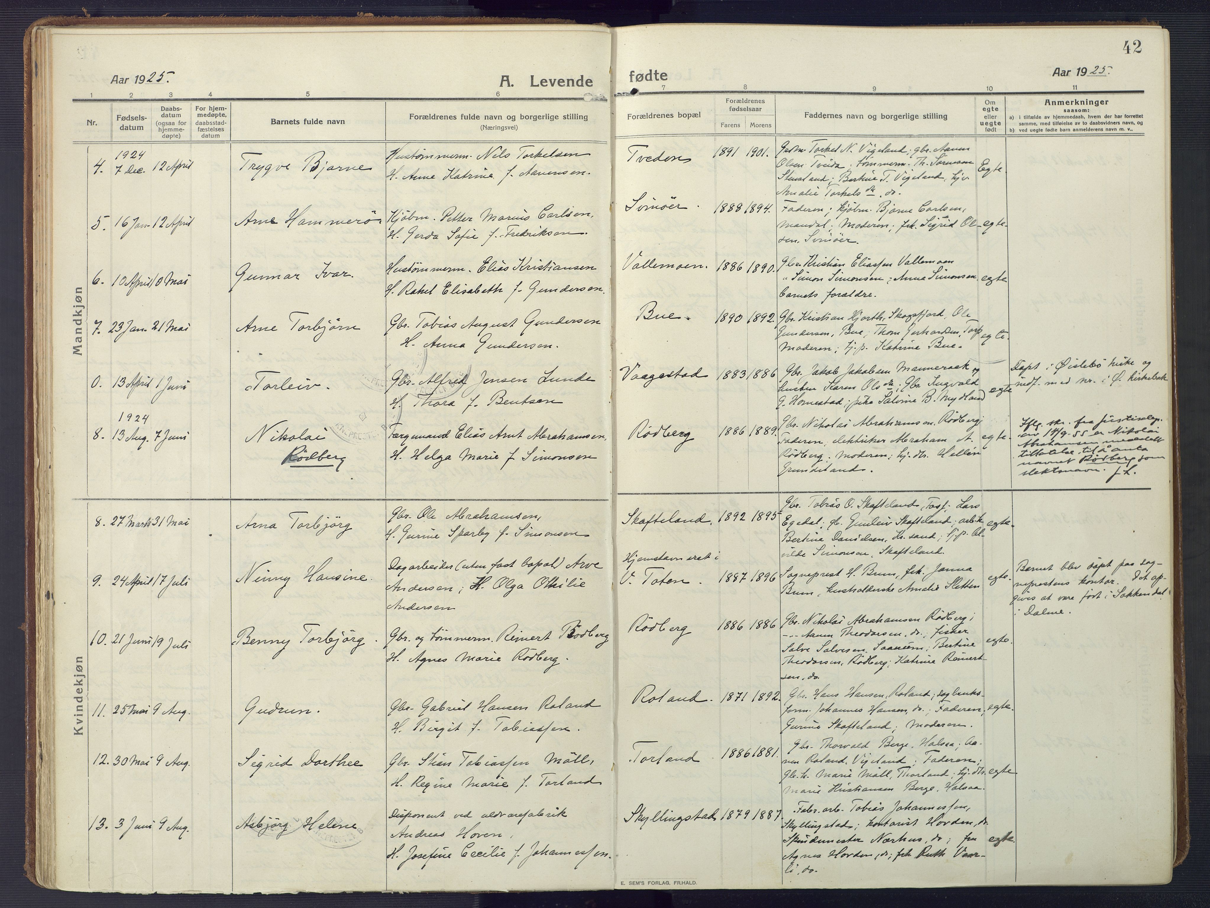 Sør-Audnedal sokneprestkontor, AV/SAK-1111-0039/F/Fa/Fab/L0011: Ministerialbok nr. A 11, 1912-1938, s. 42