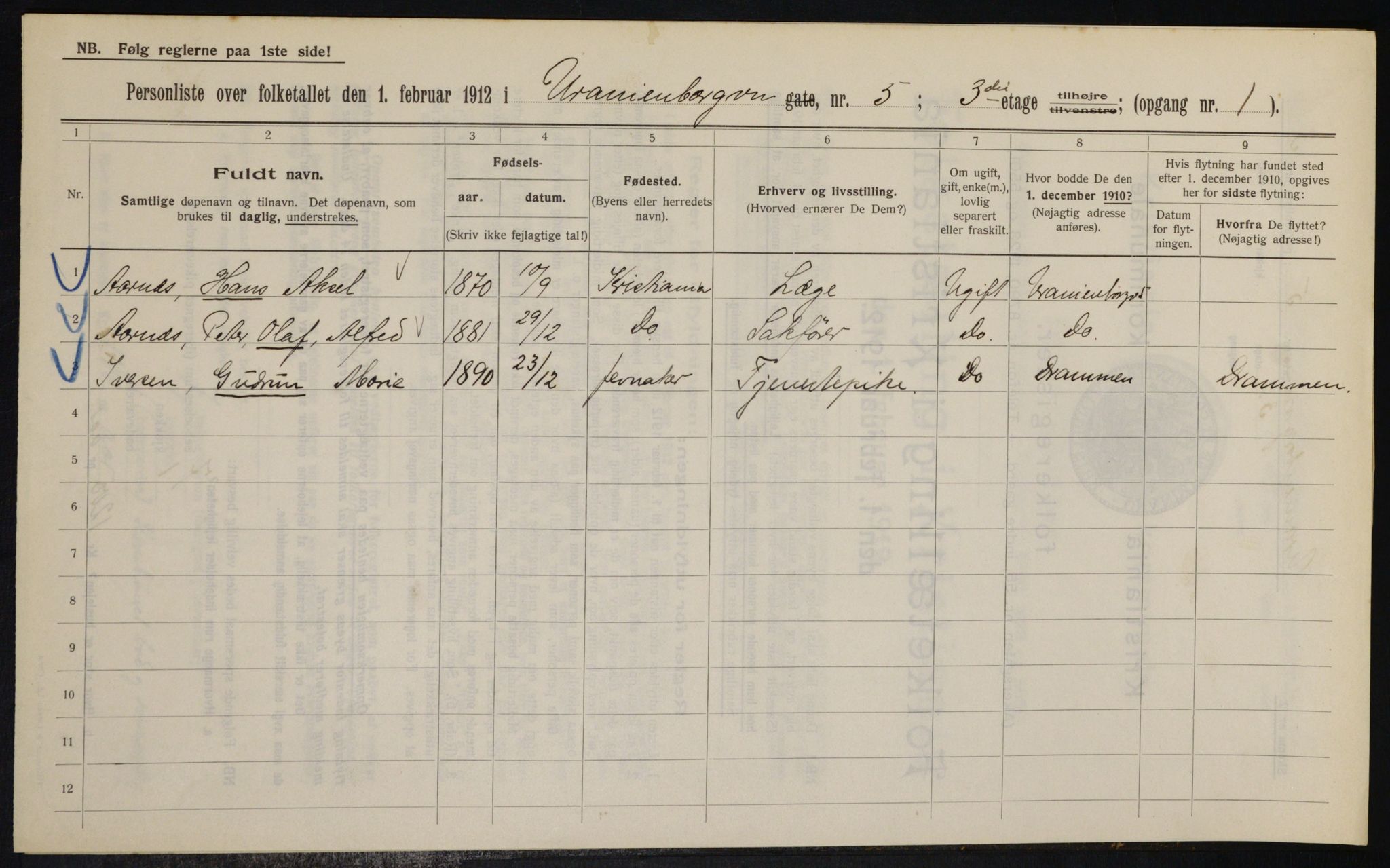 OBA, Kommunal folketelling 1.2.1912 for Kristiania, 1912, s. 120384