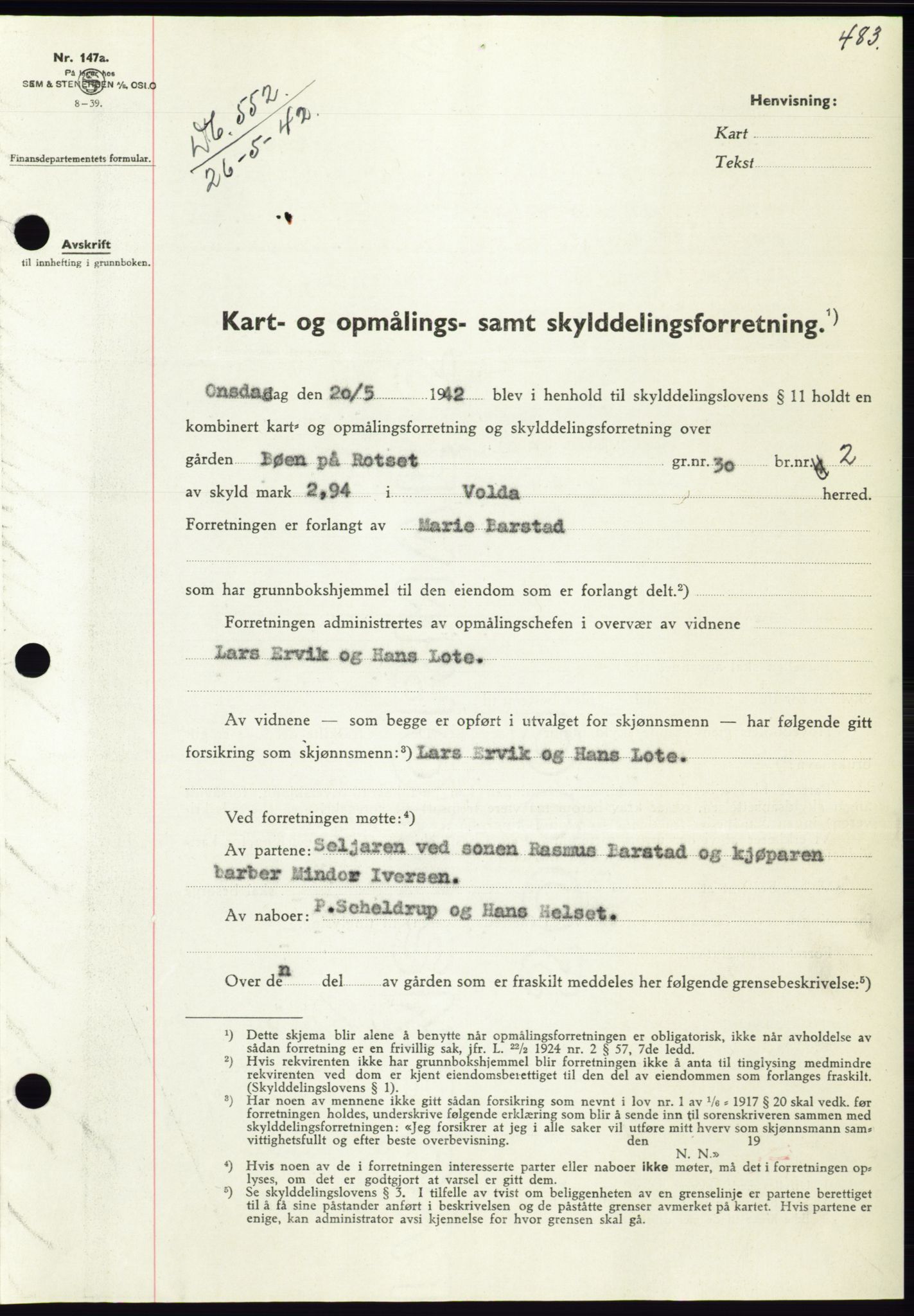 Søre Sunnmøre sorenskriveri, SAT/A-4122/1/2/2C/L0073: Pantebok nr. 67, 1941-1942, Dagboknr: 552/1942