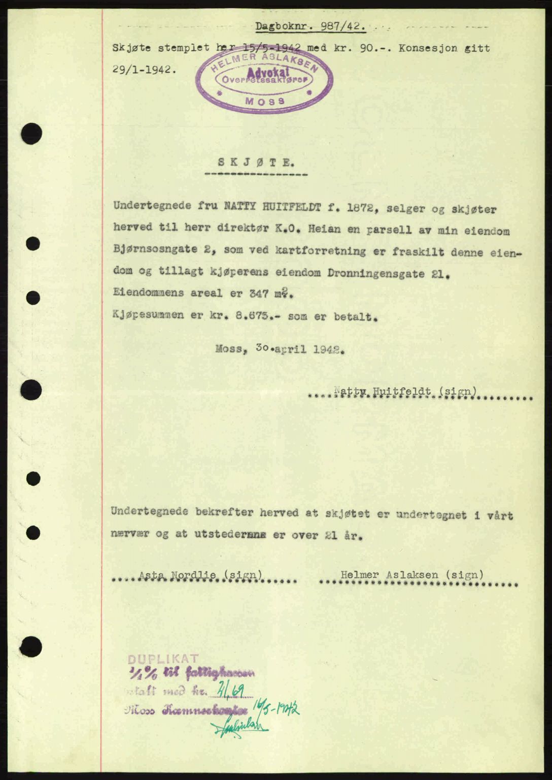 Moss sorenskriveri, SAO/A-10168: Pantebok nr. A9, 1941-1942, Dagboknr: 987/1942