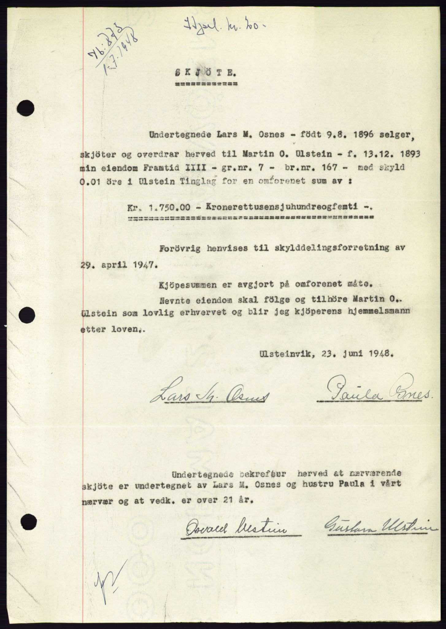 Søre Sunnmøre sorenskriveri, AV/SAT-A-4122/1/2/2C/L0082: Pantebok nr. 8A, 1948-1948, Dagboknr: 873/1948