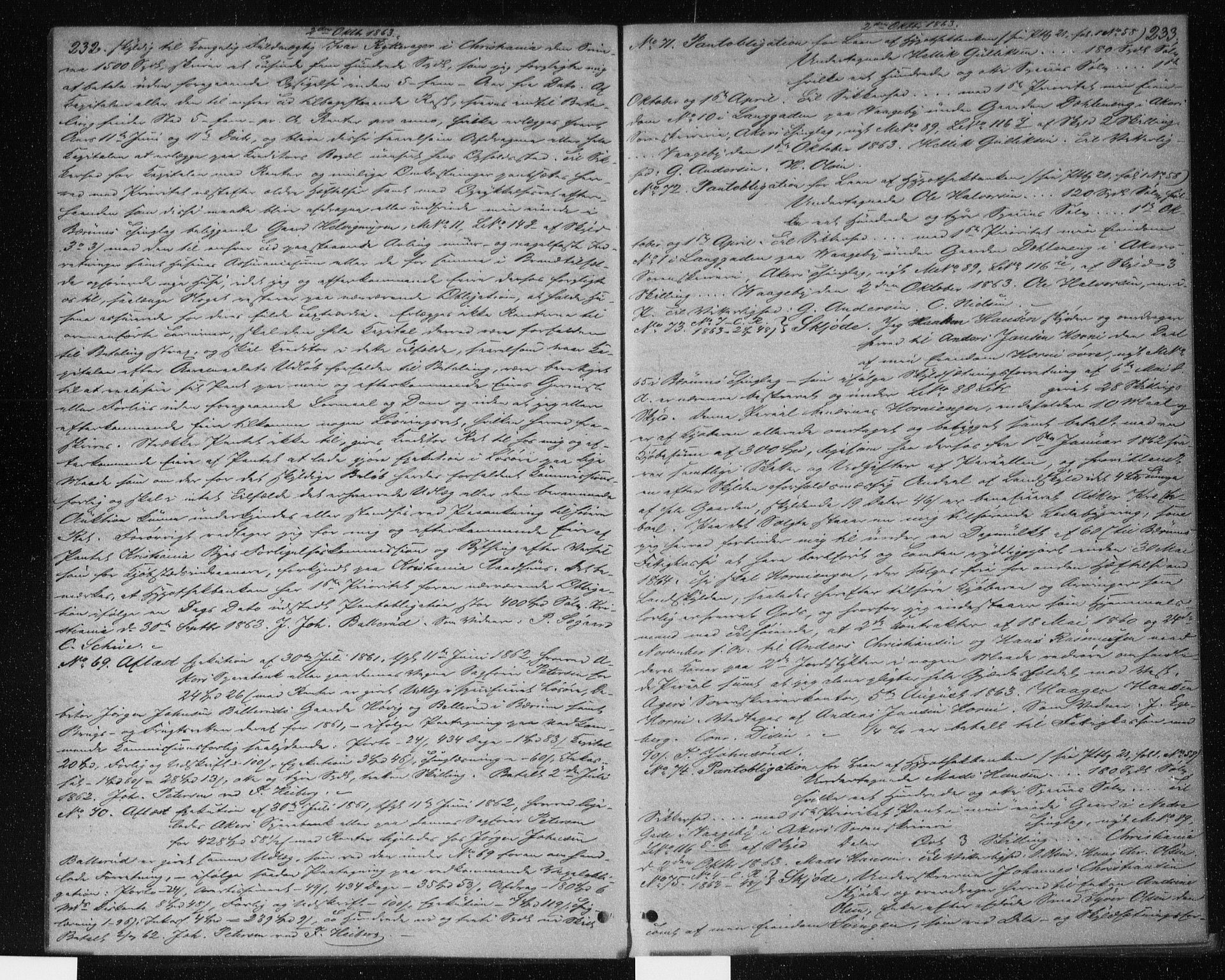 Aker sorenskriveri, SAO/A-10895/G/Gb/Gba/L0022: Pantebok nr. I 22, 1863-1865, s. 232-233