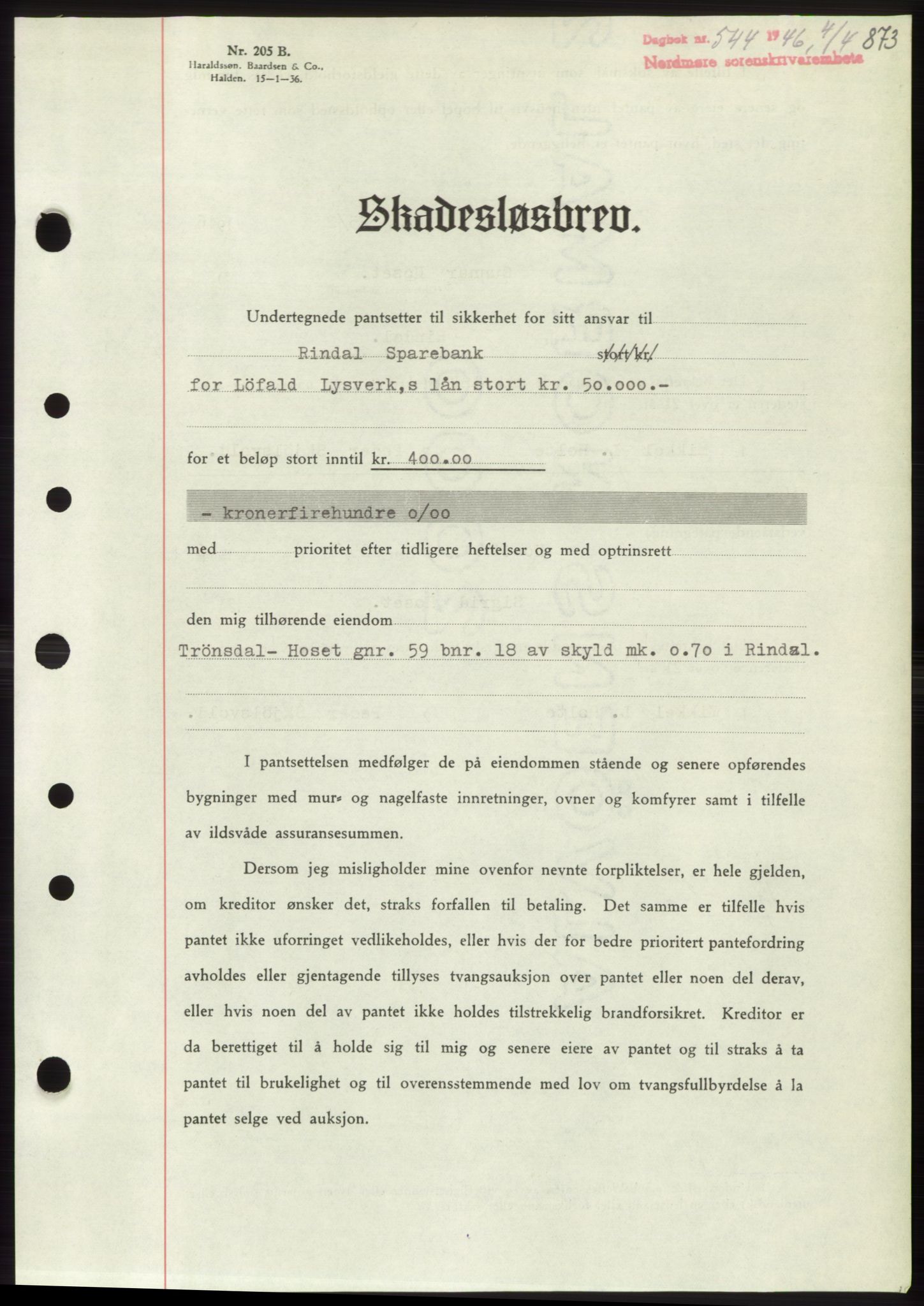Nordmøre sorenskriveri, SAT/A-4132/1/2/2Ca: Pantebok nr. B93b, 1946-1946, Dagboknr: 544/1946