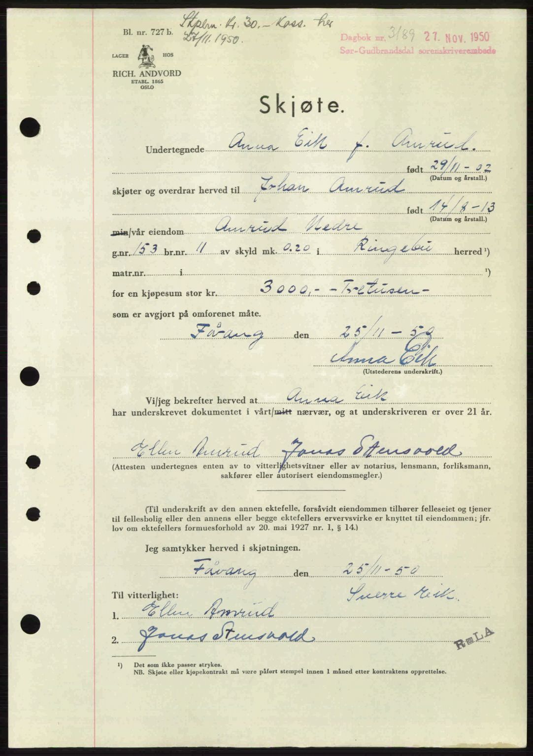 Sør-Gudbrandsdal tingrett, SAH/TING-004/H/Hb/Hbd/L0029: Pantebok nr. A29, 1950-1950, Dagboknr: 3189/1950