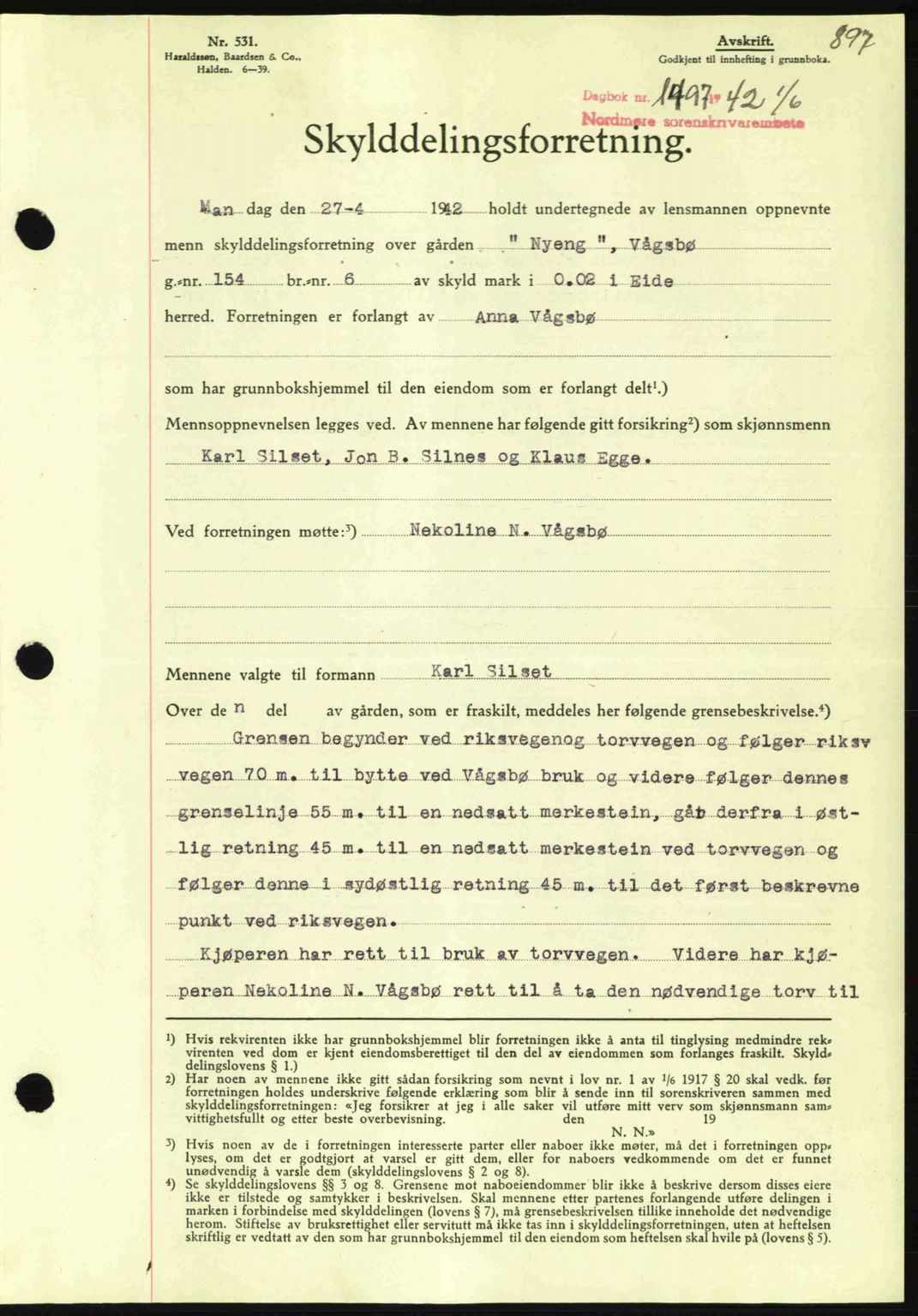 Nordmøre sorenskriveri, AV/SAT-A-4132/1/2/2Ca: Pantebok nr. A92, 1942-1942, Dagboknr: 1497/1942