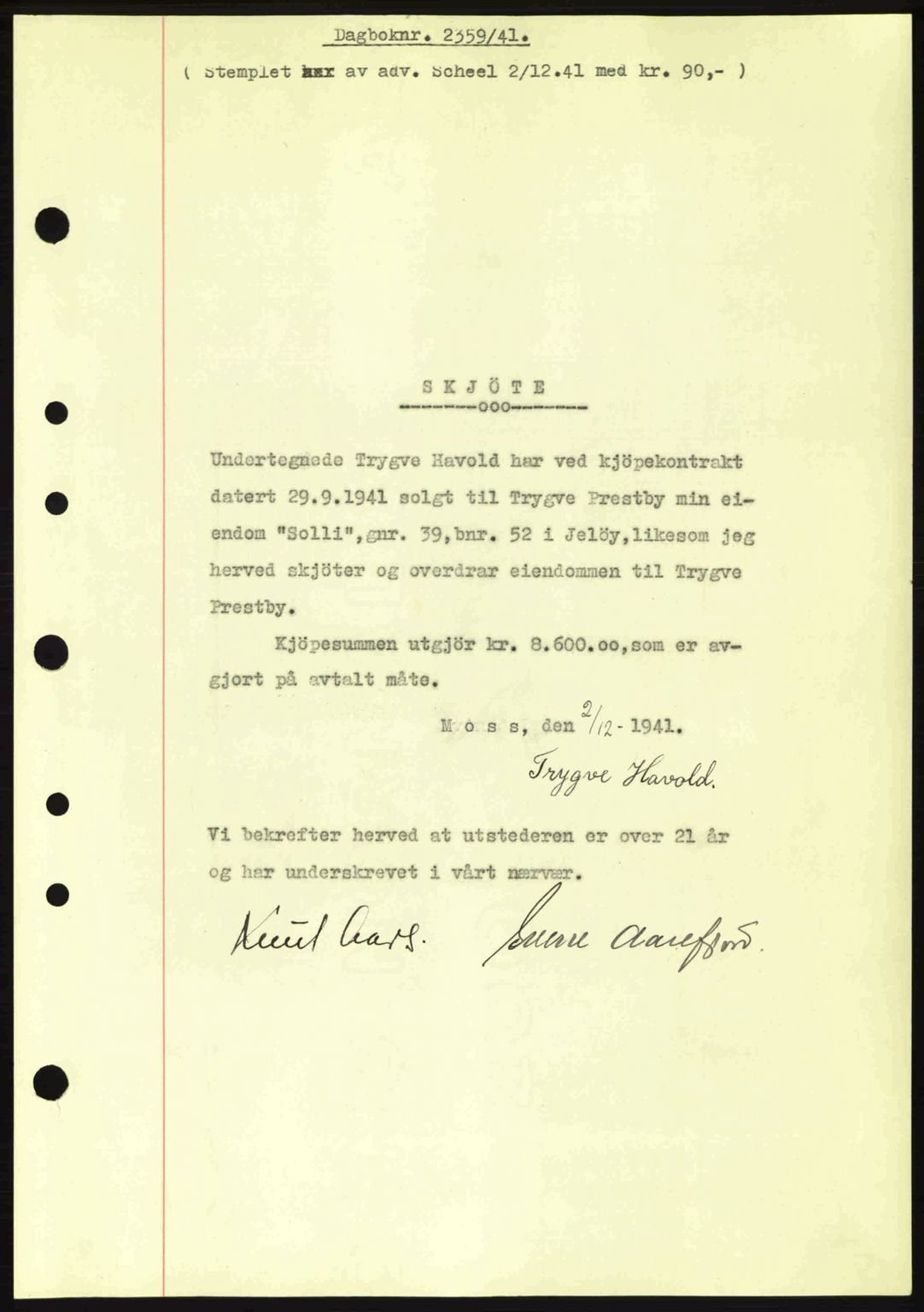 Moss sorenskriveri, SAO/A-10168: Pantebok nr. A9, 1941-1942, Dagboknr: 2359/1941