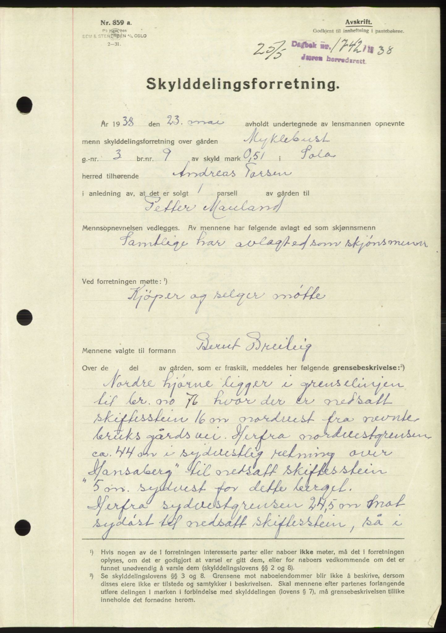 Jæren sorenskriveri, SAST/A-100310/03/G/Gba/L0071: Pantebok, 1938-1938, Dagboknr: 1742/1938