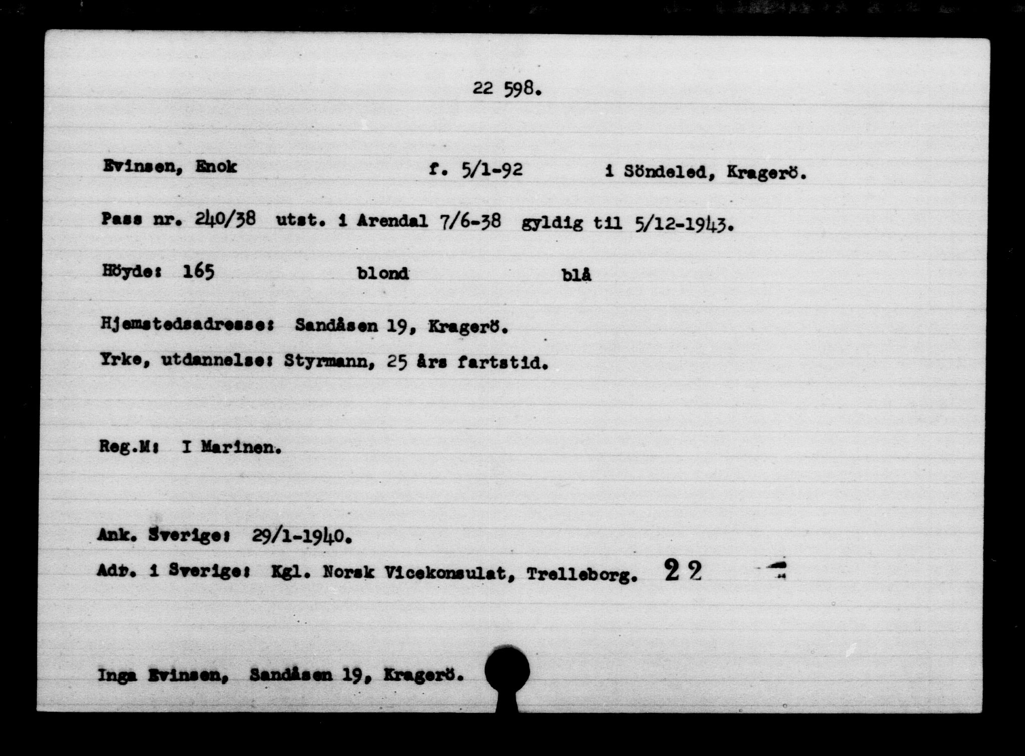 Utenriksstasjonene, Legasjonen i Stockholm, Flyktningkontoret, AV/RA-S-6753/V/Va/L0010: Kjesäterkartoteket, flyktninger med registreringsnr. 22000-25314, 1940-1945, s. 659