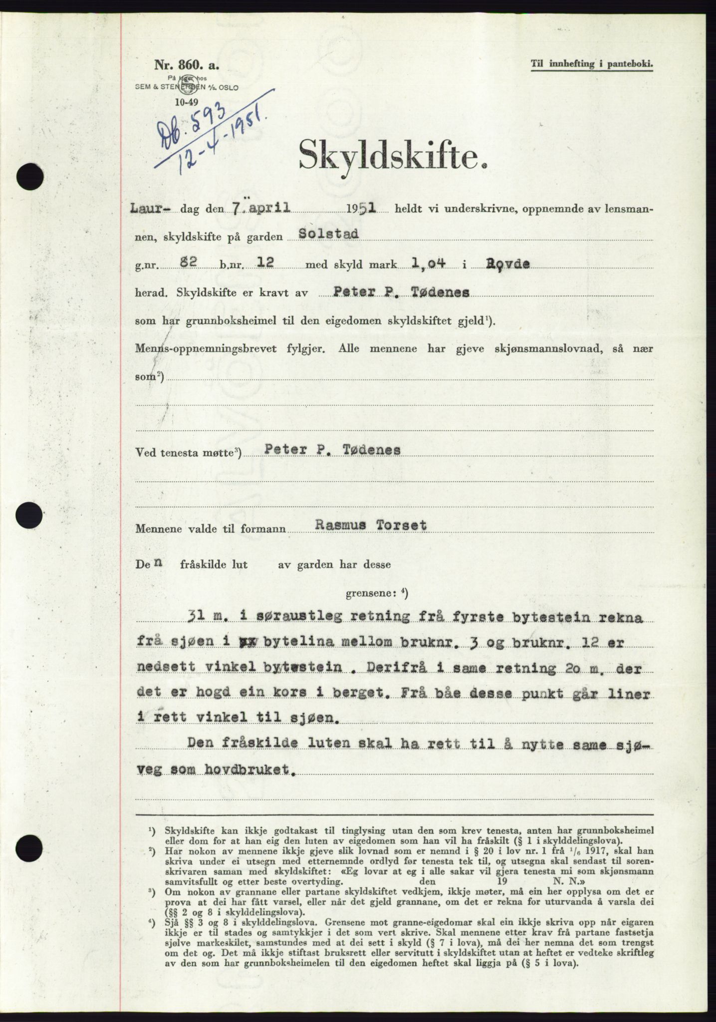 Søre Sunnmøre sorenskriveri, SAT/A-4122/1/2/2C/L0089: Pantebok nr. 15A, 1951-1951, Dagboknr: 593/1951