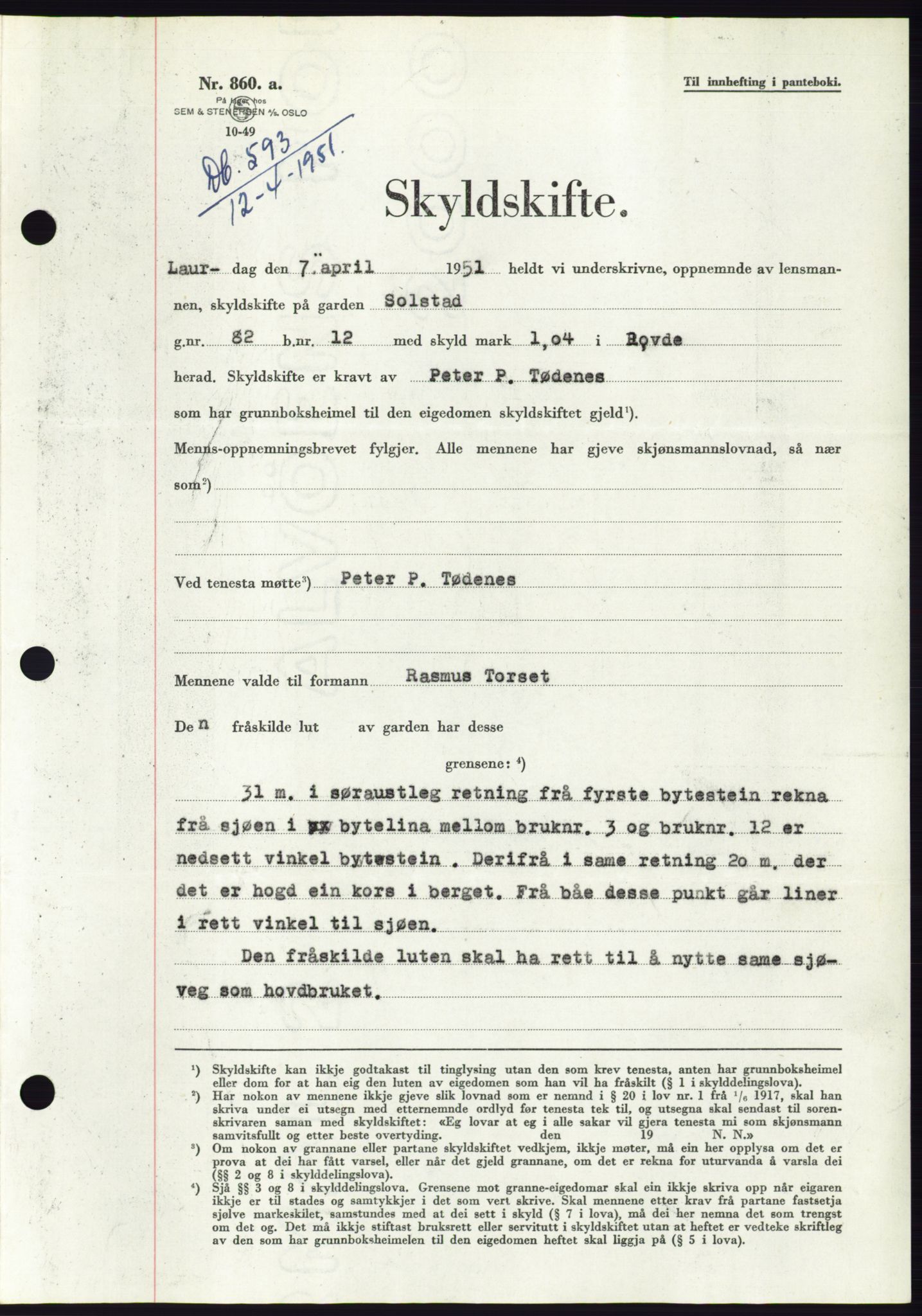 Søre Sunnmøre sorenskriveri, AV/SAT-A-4122/1/2/2C/L0089: Pantebok nr. 15A, 1951-1951, Dagboknr: 593/1951