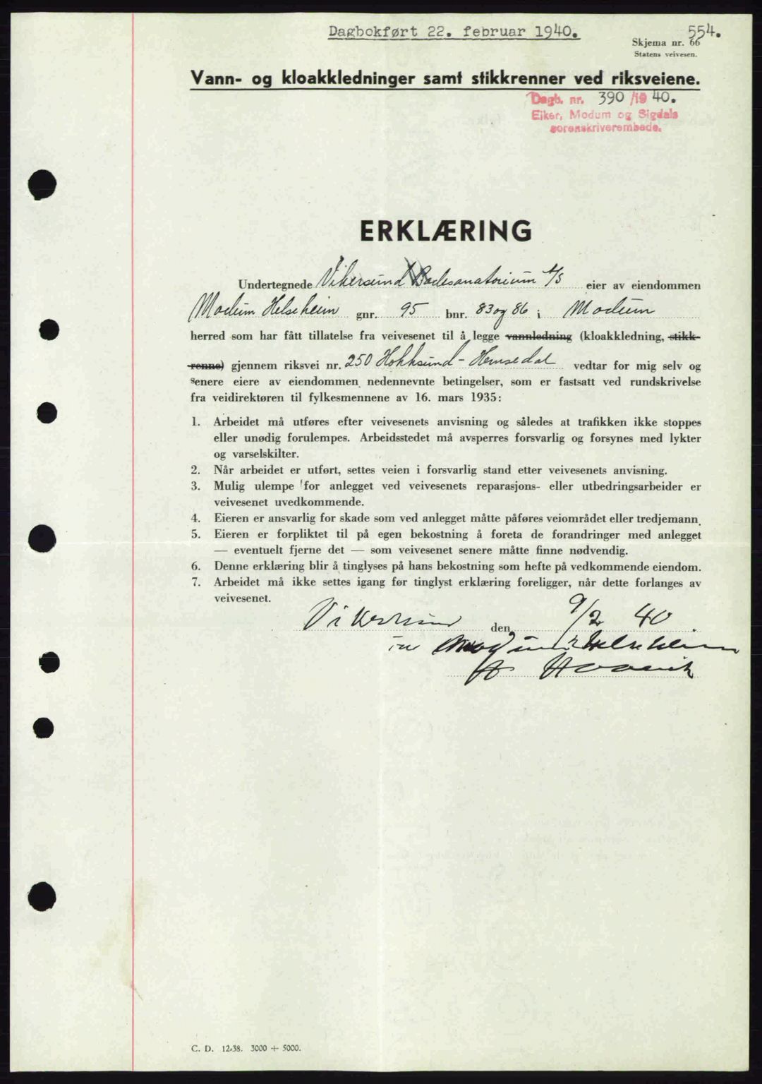 Eiker, Modum og Sigdal sorenskriveri, SAKO/A-123/G/Ga/Gab/L0041: Pantebok nr. A11, 1939-1940, Dagboknr: 390/1940