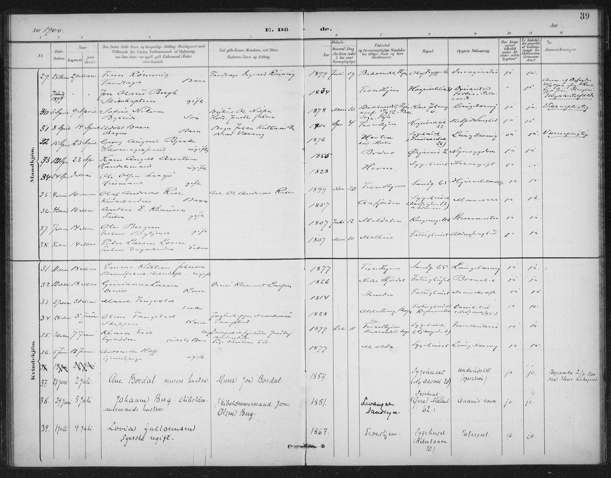Ministerialprotokoller, klokkerbøker og fødselsregistre - Sør-Trøndelag, SAT/A-1456/602/L0123: Ministerialbok nr. 602A21, 1895-1910, s. 39