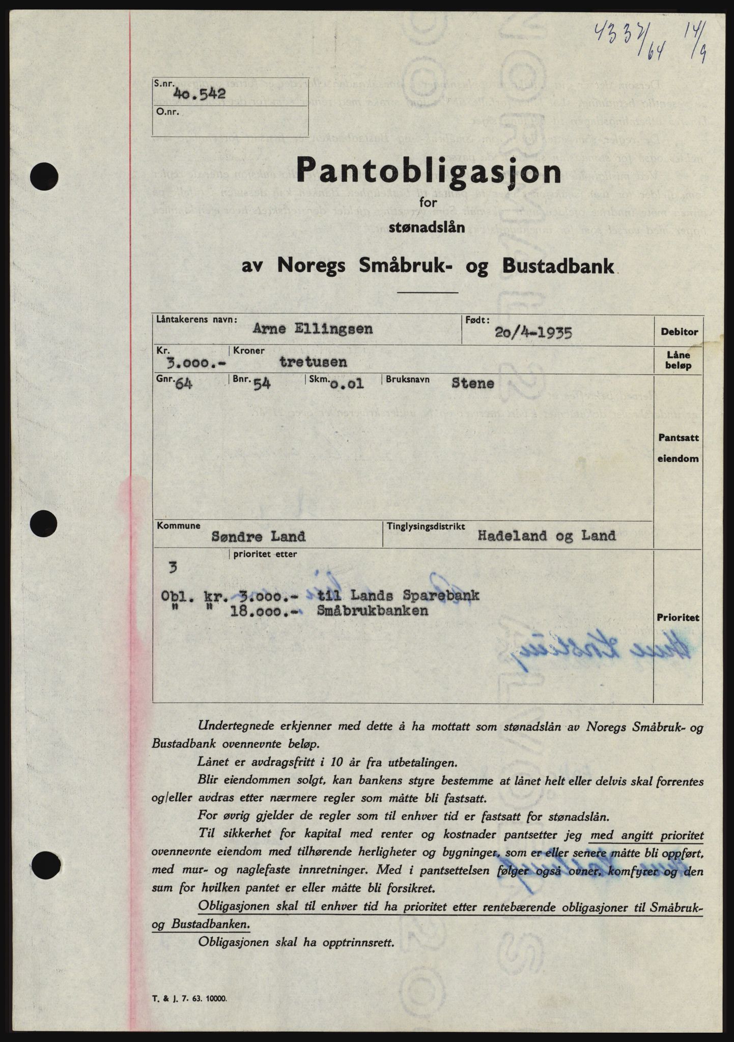 Hadeland og Land tingrett, SAH/TING-010/H/Hb/Hbc/L0056: Pantebok nr. B56, 1964-1964, Dagboknr: 4337/1964