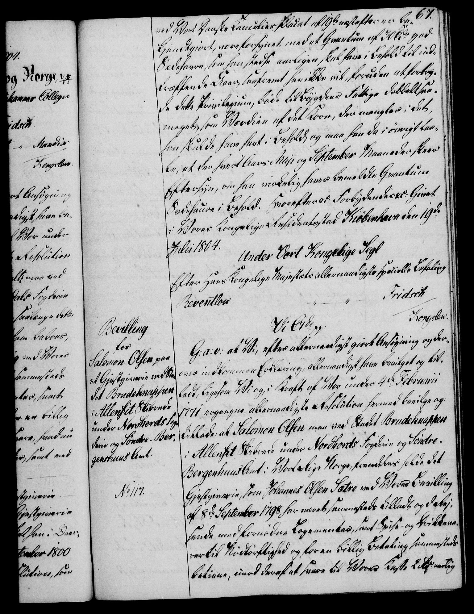 Rentekammeret, Kammerkanselliet, AV/RA-EA-3111/G/Gg/Gga/L0018: Norsk ekspedisjonsprotokoll med register (merket RK 53.18), 1804-1806, s. 67