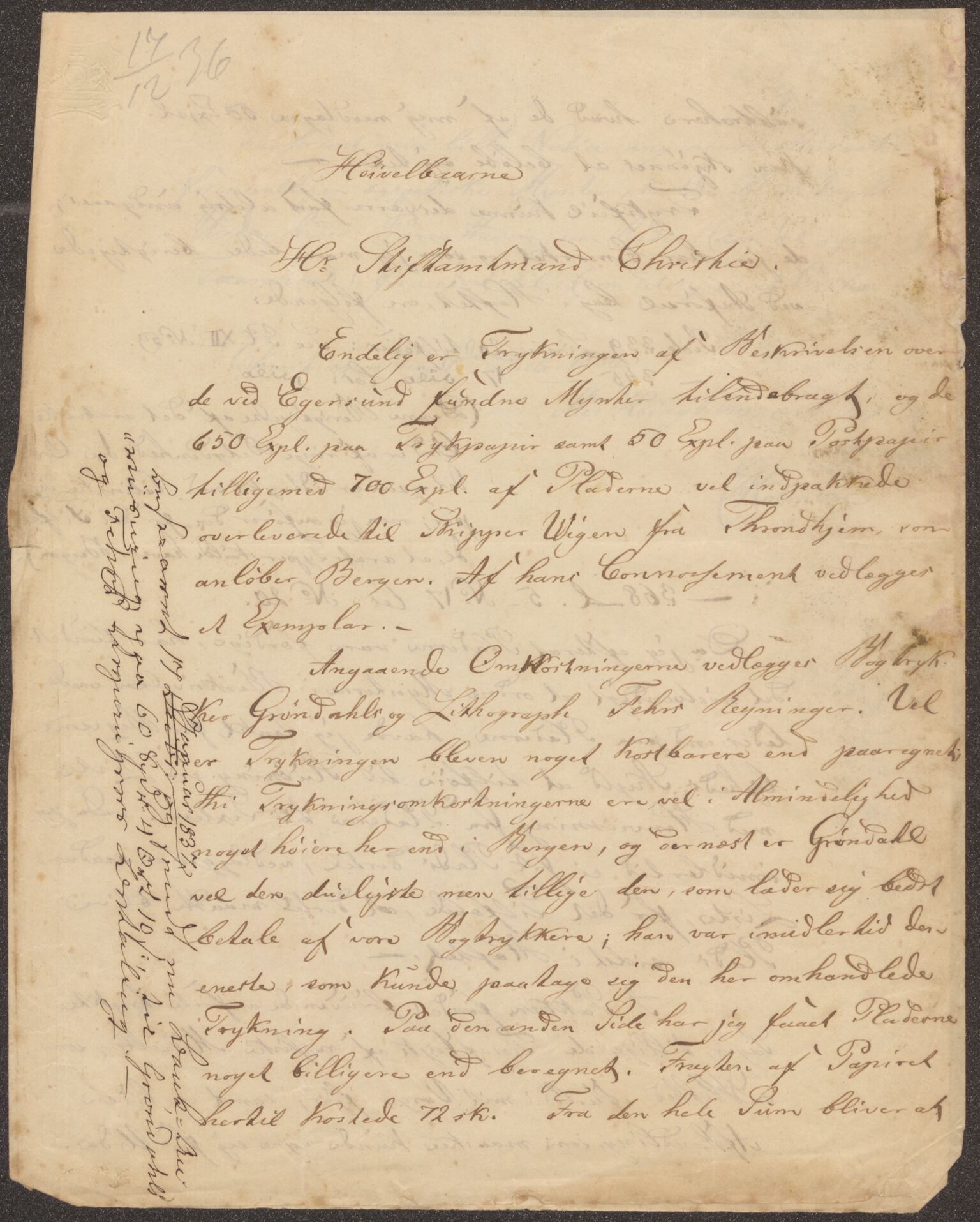 Bergens Museum, UMB/A007/D/Da/L0008/0003: Innkommende brev 1836 / Innkommende brev 1836, 1836