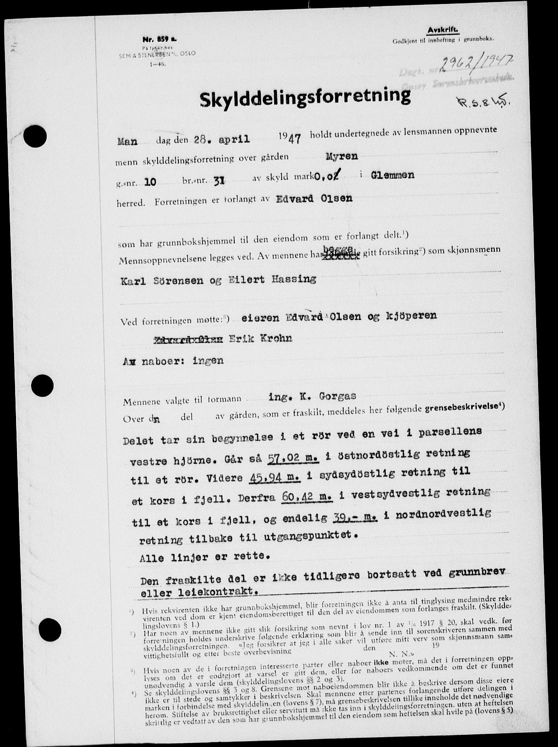 Onsøy sorenskriveri, SAO/A-10474/G/Ga/Gab/L0021: Pantebok nr. II A-21, 1947-1947, Dagboknr: 2962/1947
